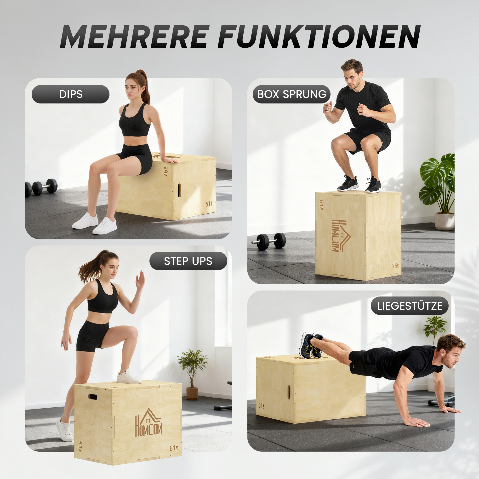 3-in-1 Plyo Box Holz Plyometrische Sprungbox mit 3 Sprunghöhen Griffen 61 x 51 x 76 cm Naturholz