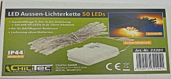 LED Batterie-Lichterkette "CT-TK50" 5m - warmweiß, IP44, 50 LEDs, mit 6Std.Timer