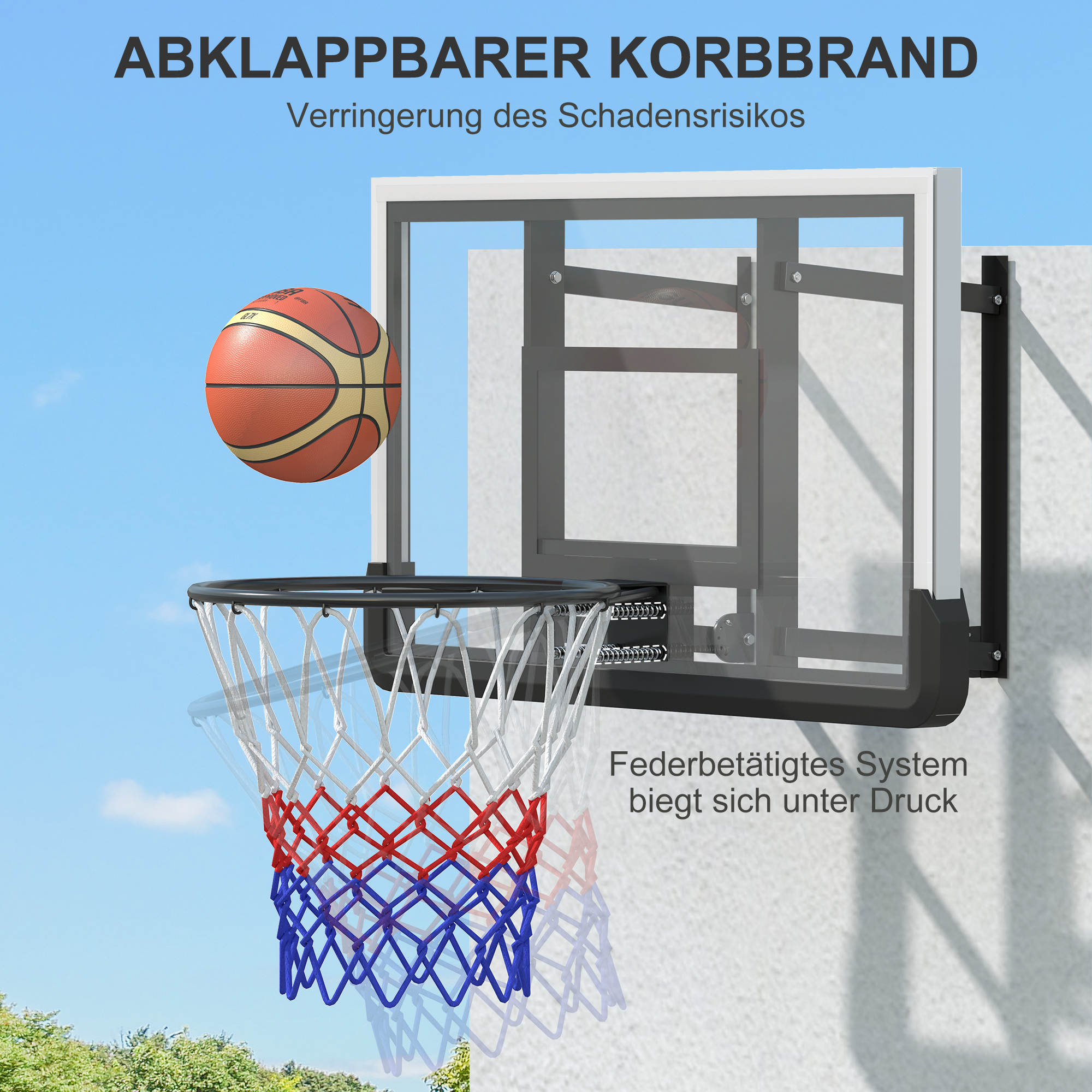 Basketballkorb für Wandmontage, gefederter Korb, bruchsichere Rückwand, Schwarz