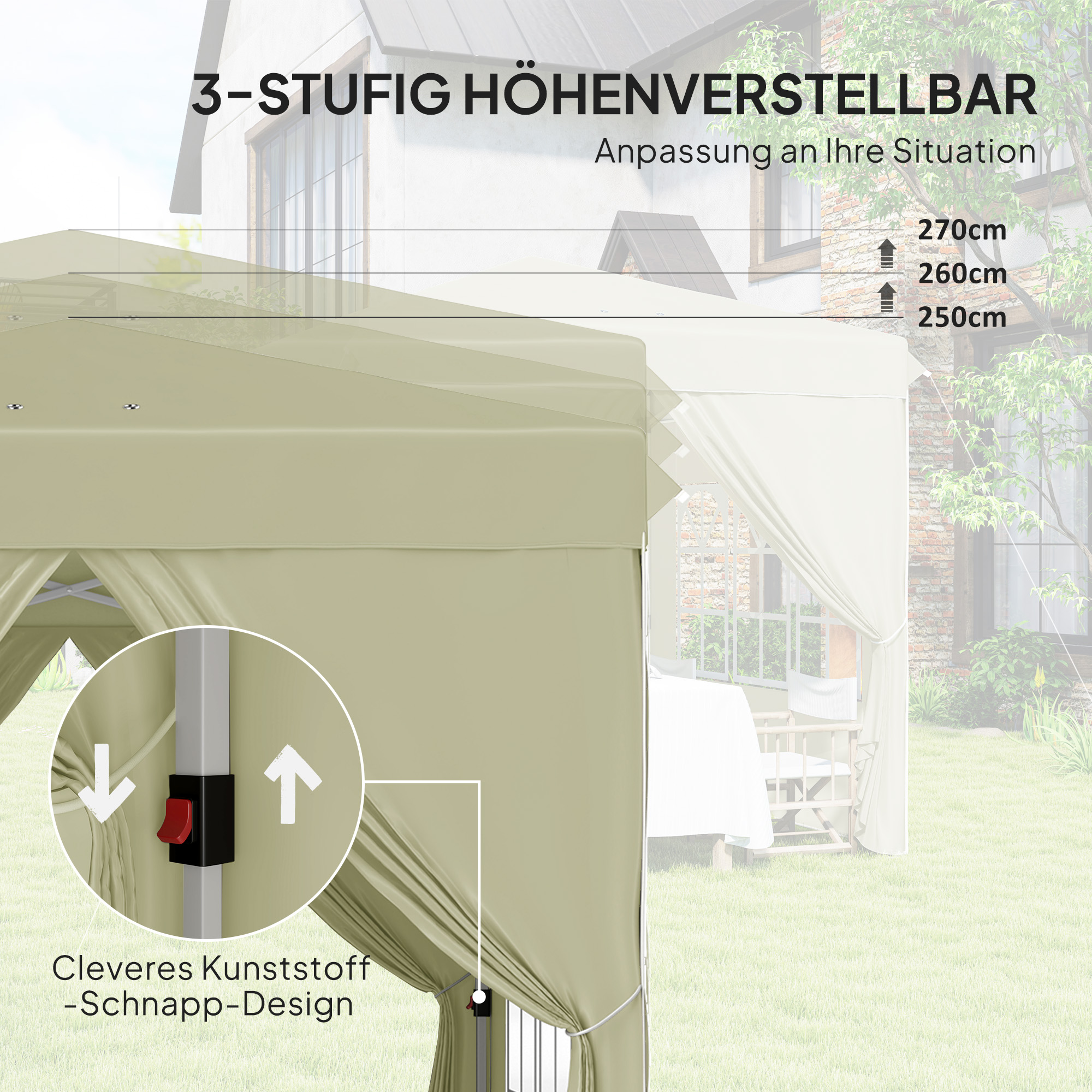 2,5 x 2,5 m Pop-up-Pavillon mit Seitenwänden und Tragetasche, UPF50+ höhenverstellbares Gartenzelt, Cremeweiß