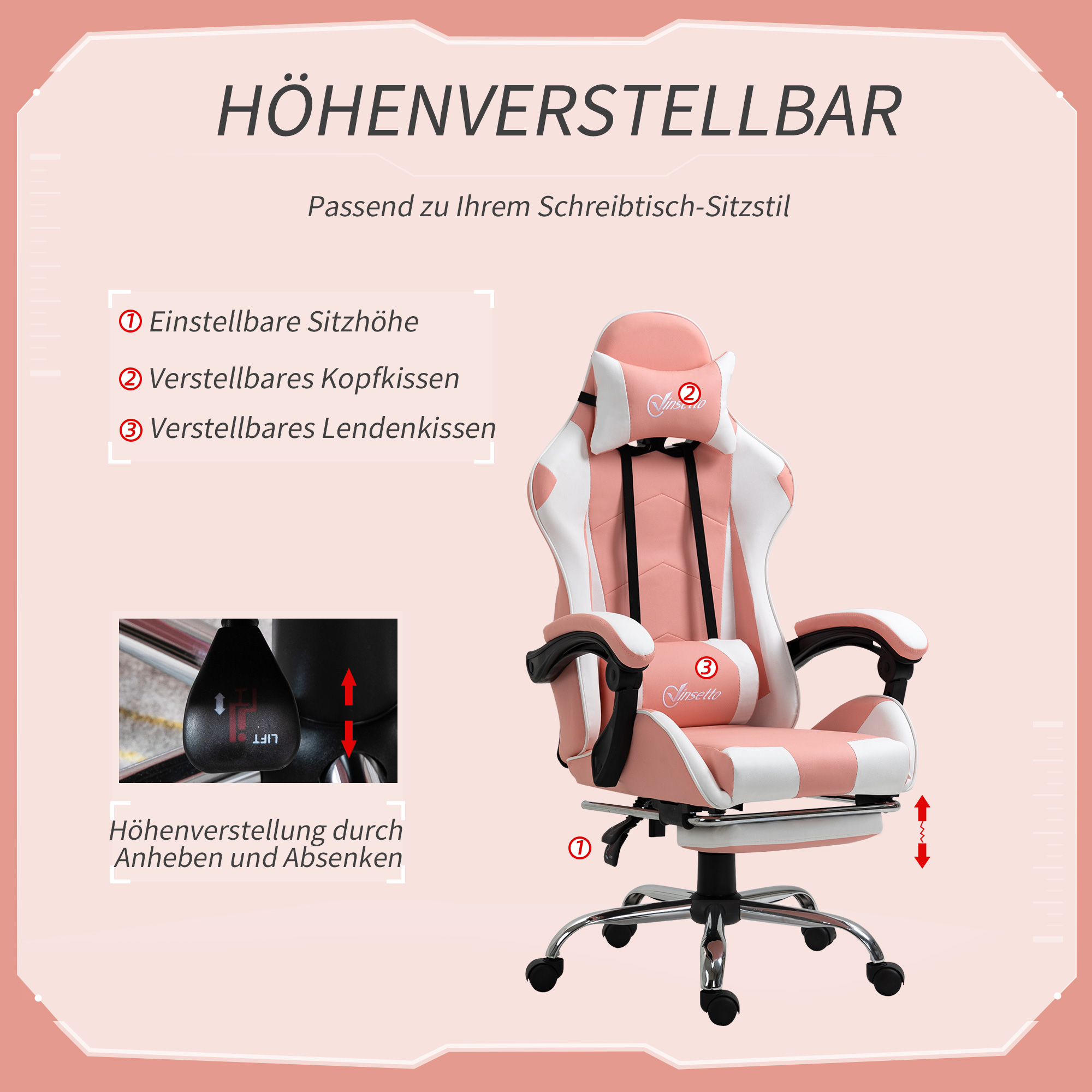 Gamingstuhl Computerstuhl Ergonomischer Bürostuhl Gamer Stuhl mit Kopfstütze Lendenkissen Bürostuhl höhenverstellbar 360°drehbar Schaumstoff Kunstleder PVC Rosa+Weiß 64 x 67 x 119-127 cm
