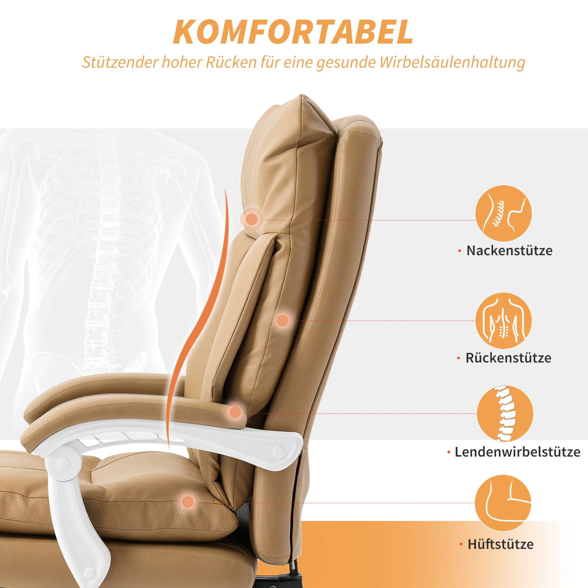 Bürostuhl Ergonomischer Schreibtischstuhl mit Lendenwirbelstütze, Klappbar Armlehne, Fußstütze Hellbraun