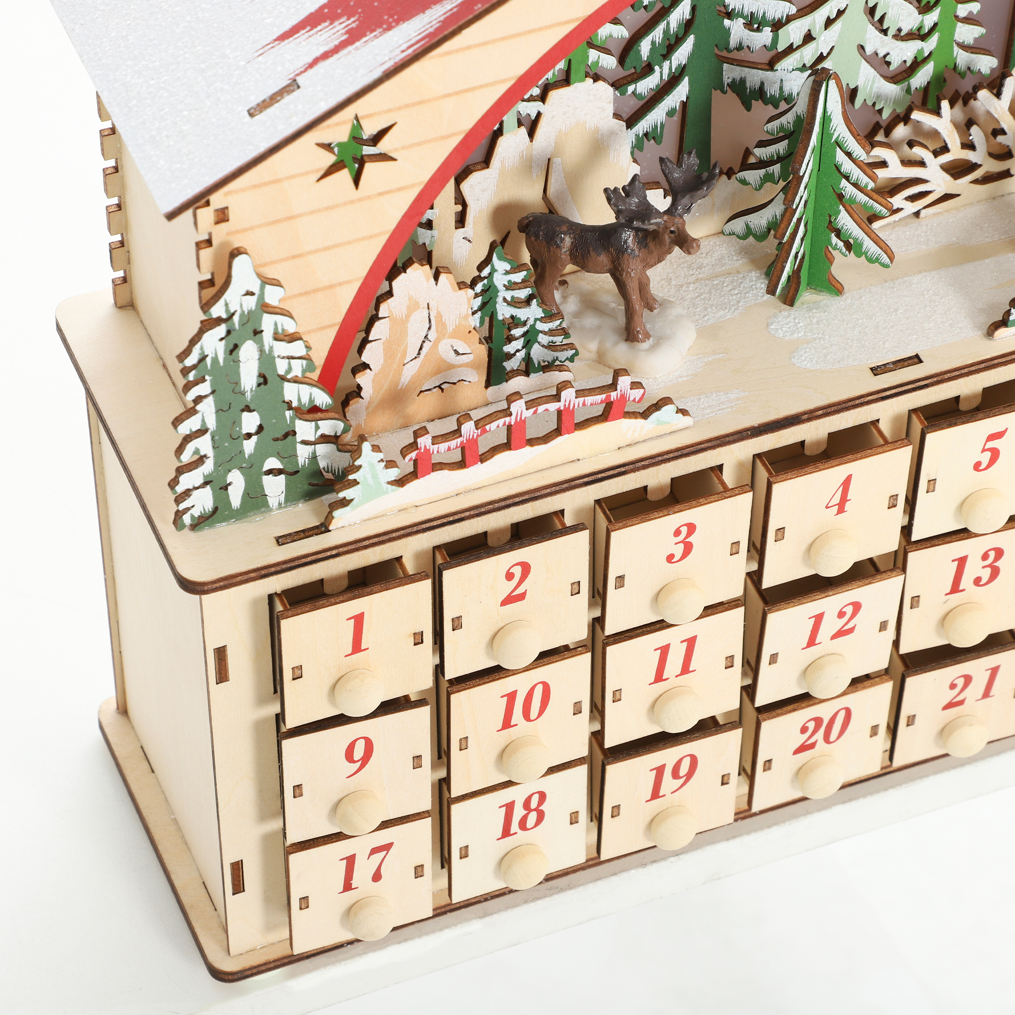 Adventskalender zum Befüllen 24 Schubladen Fächer Weihnachtskalender mit LED-Lichtern Naturholz 36 x 10 x 34 cm