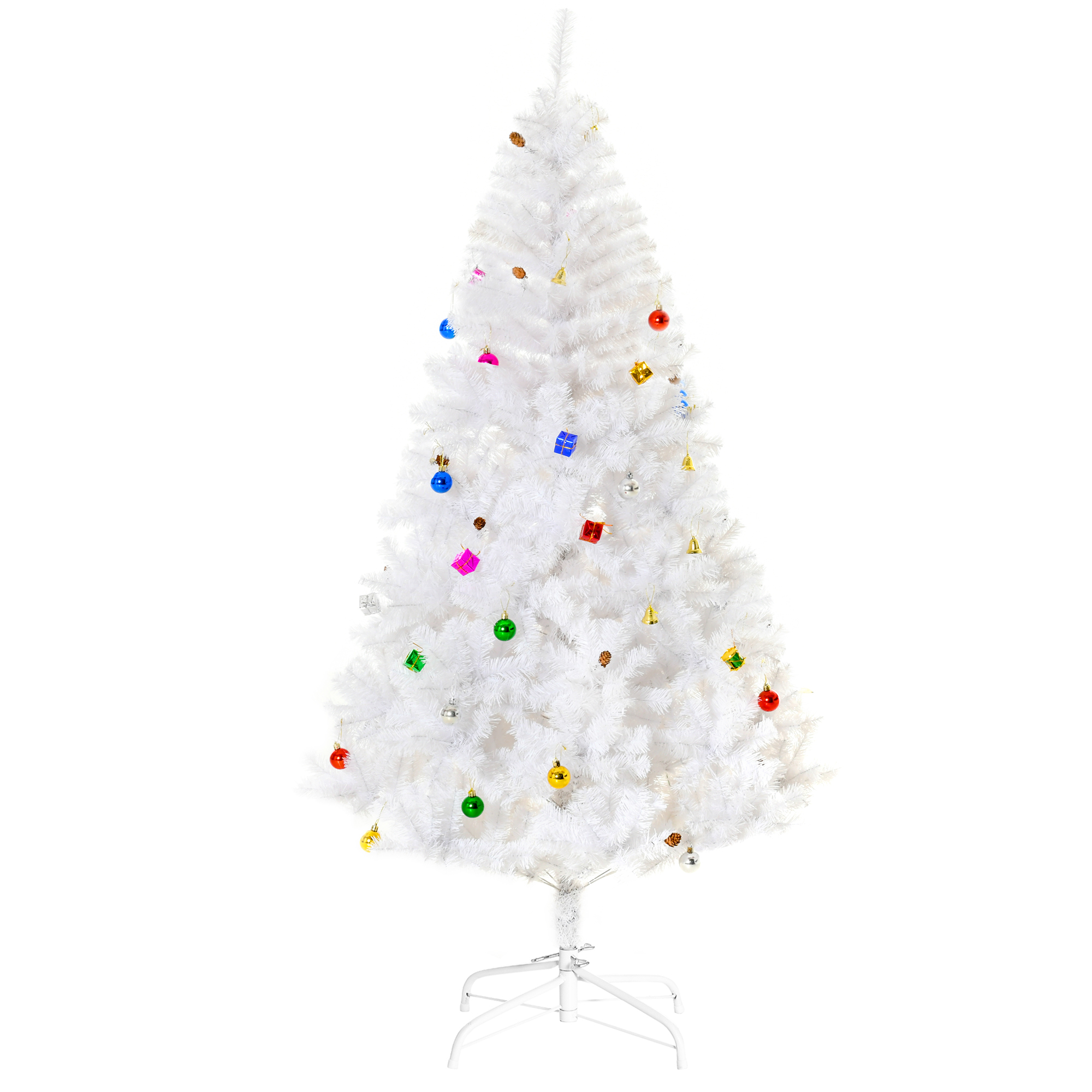Künstlicher Weihnachtsbaum 180 cm künstlich Tannenbaum mit Kugeln, Glocken, Trommeln, Geschenkboxen, Christbaum mit 930 Spitzen, 12 Tannenzapfen Weihnachtsdeko inkl, Metallständer für drinnen
