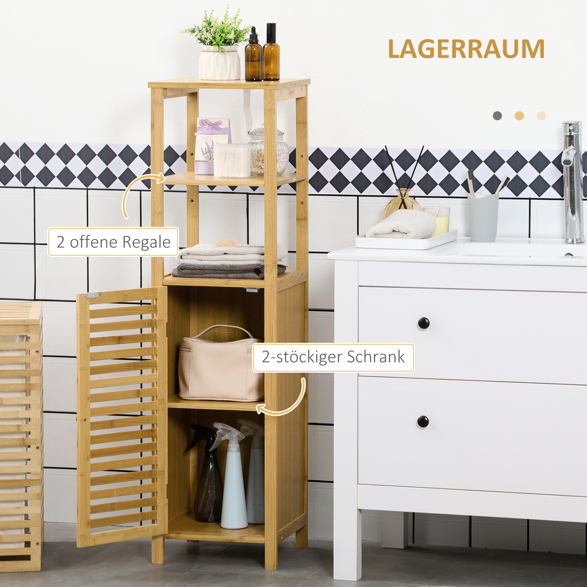 Badregal, Schrankfach mit Lamellentür, versetzbare Böden, Bambus, ca. 33 x 30 x 120 cm