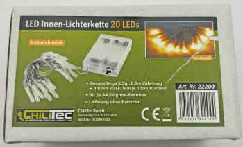 LED Batterie-Lichterkette "CT-BK20" 2m - warmweiß, transp. Kabel, 20 LEDs