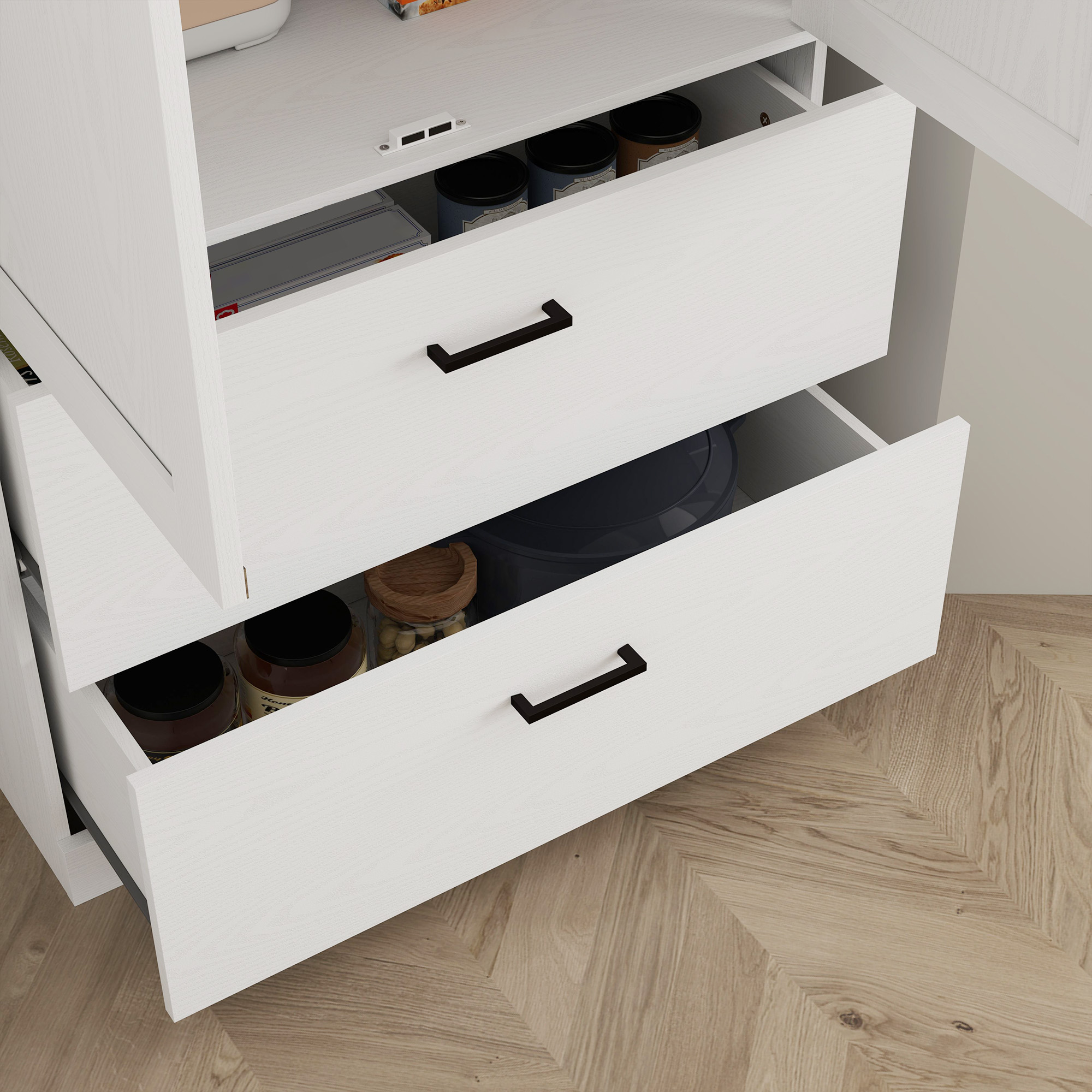 Freistehender Küchenschrank mit verstellbaren Regalen und zwei breiten Schubladen für Wohnzimmer, Küche, Weiß