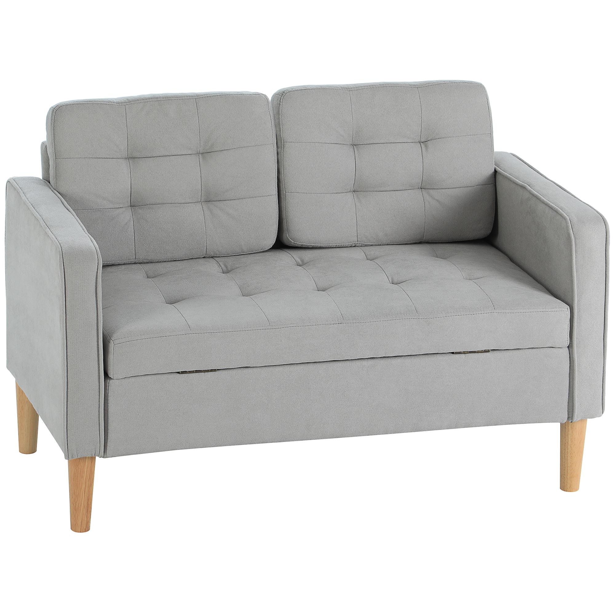 Zweisitzer-Sofa mit Stauraum, Knopfheftung, Kissen, Kautschukbaumholz, 117x62x78cm, Hellgrau