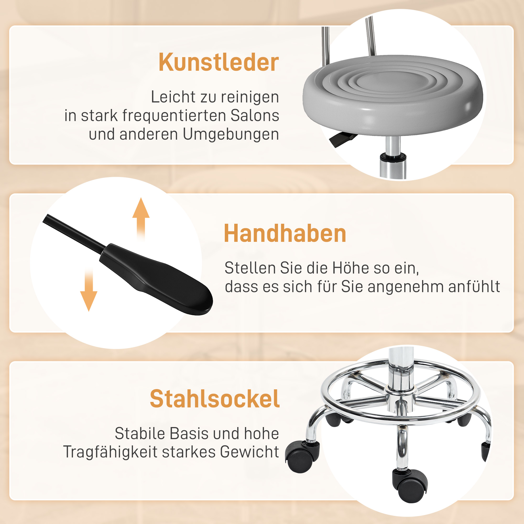 Rollhocker, Drehbarer und verstellbarer Hocker mit Rückenlehne, Kunstlederbezug, Fußstütze, für Frisiertische, Grau
