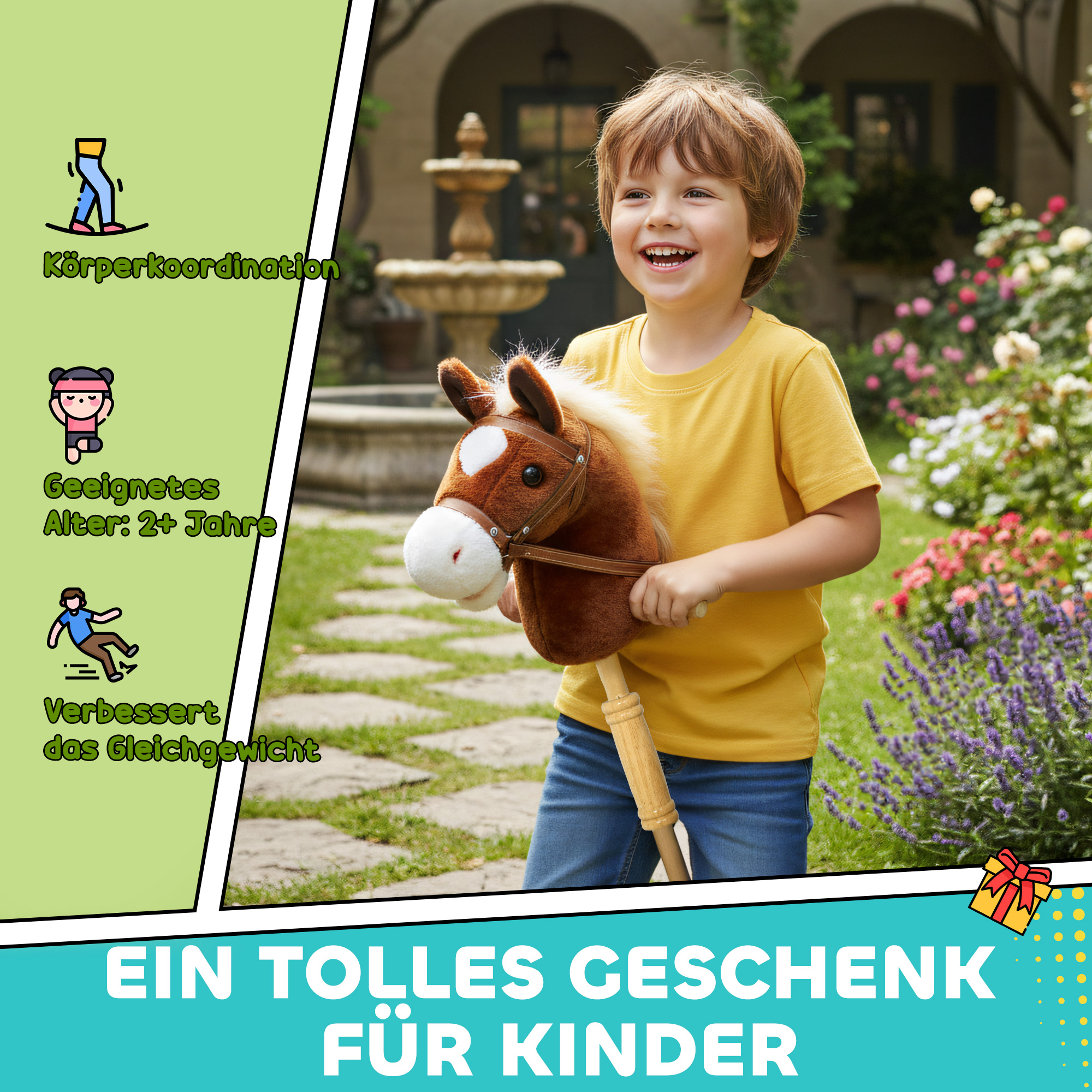 Steckenpferd Kinder Steckenpferde mit Sound, Griffe, Rolle, Stockpferd zum Reiten für Kinder 24+ Monate, Braun