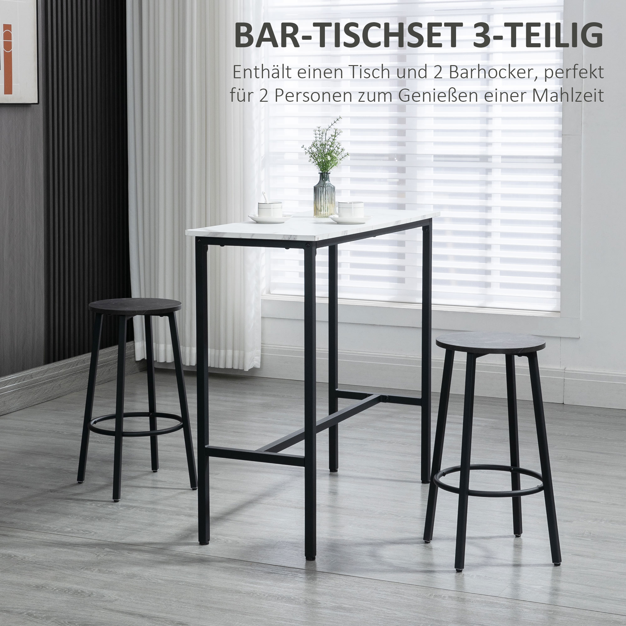 Bar-Set für 2 Personen, 1 Tisch mit 2 Barhockern, Tischplatte in weißer Marmoroptik, Stahlrahmen