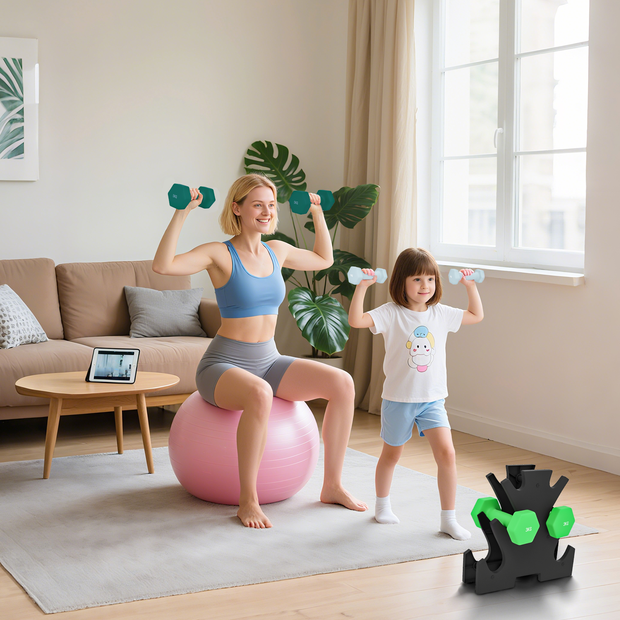 Hantelset mit Aufbewahrungsgestell, Set mit 6 Hanteln für Fitness-Training, 2 x 1kg, 2 x 3kg, 2 x 5kg