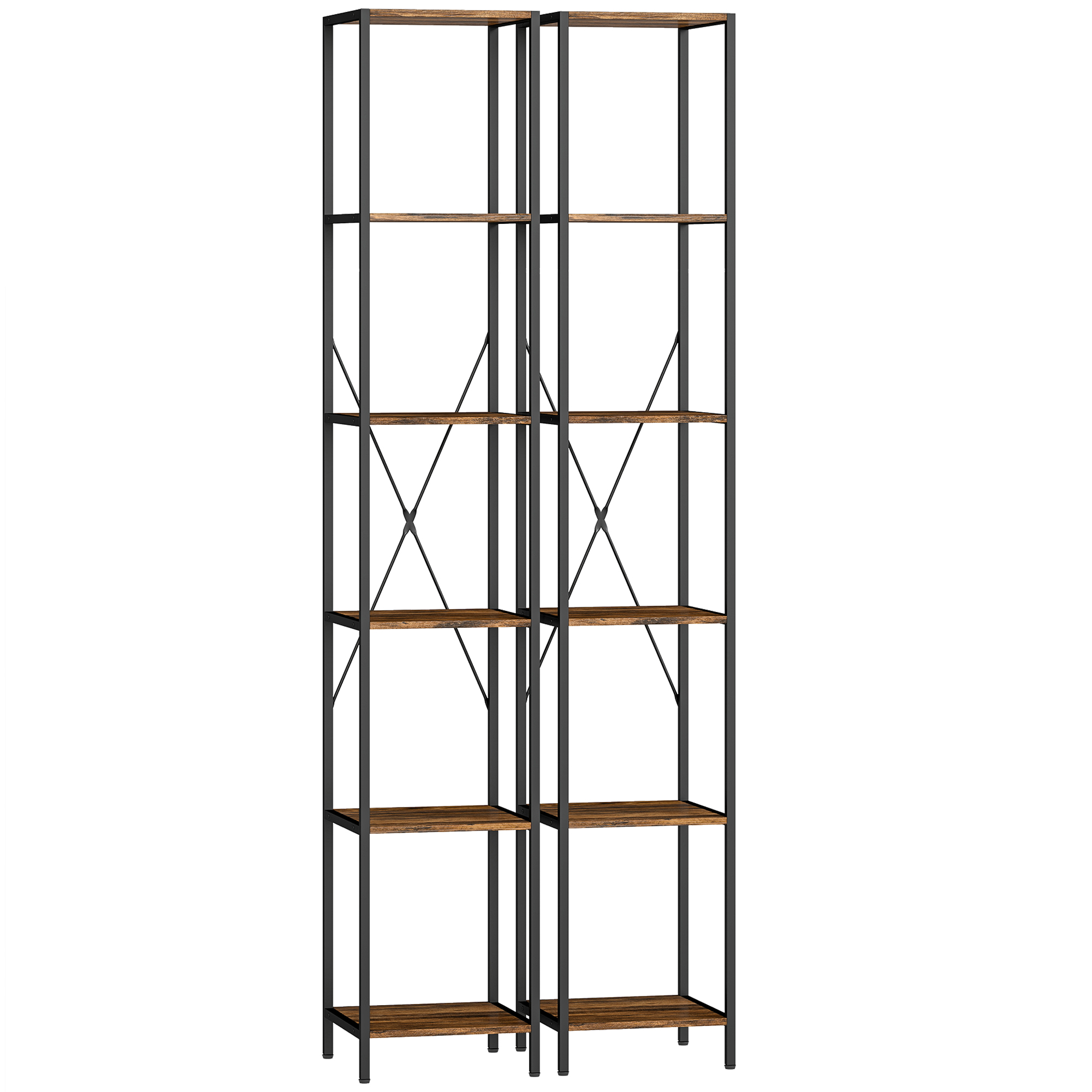2er-Set 6-Ebenen-Bücherregal, Stahlrahmen, für Wohnzimmer, Büro, Schlafzimmer, Rustikal-Braun