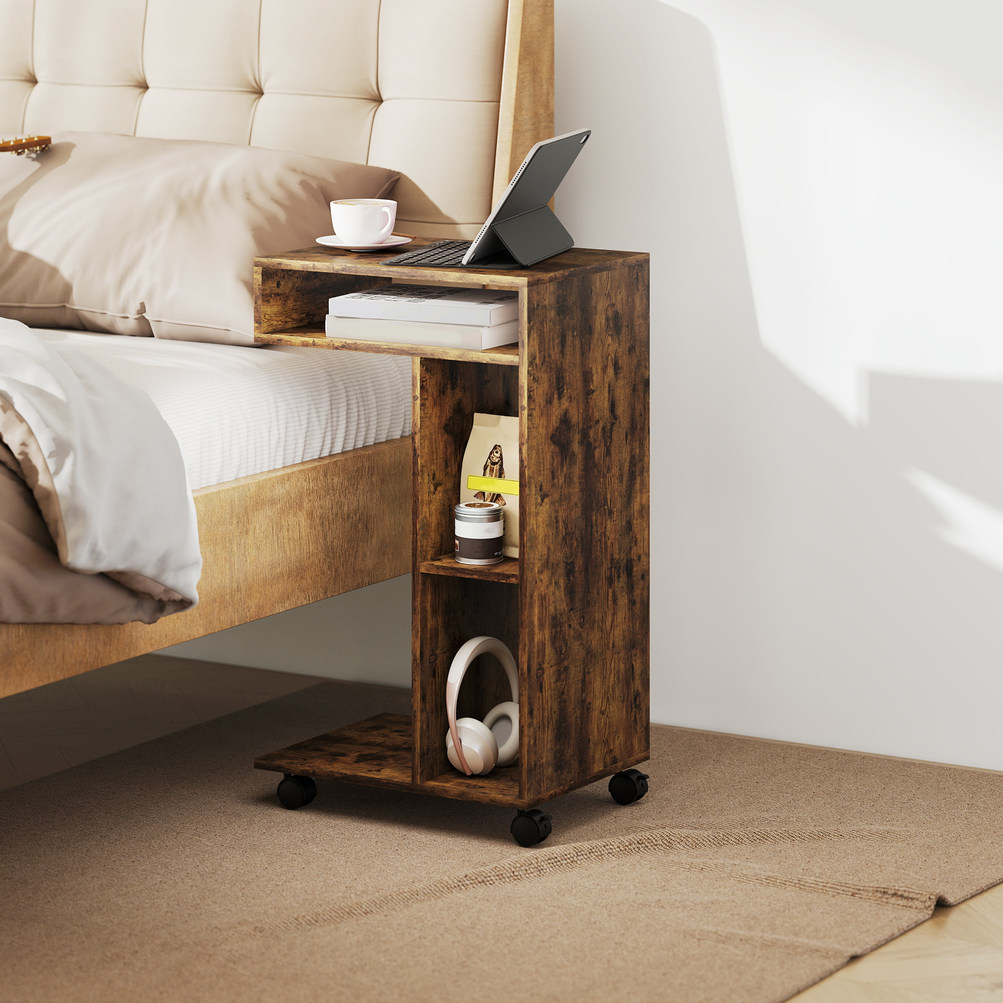 Beistelltisch, C-förmiger Servierwagen, 4 Rollen, 3 Fächer, 40 x 30 x 69 cm, Rustikal-Braun