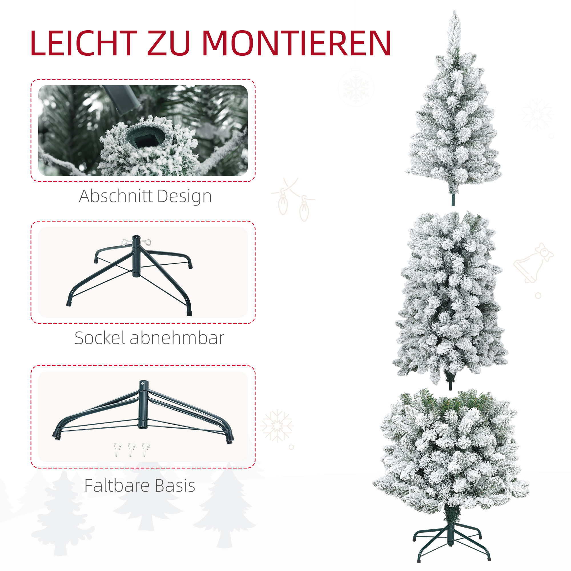 Weihnachtsbaum, flammenhemmend, mit Kunstschnee, schlank, Stahlfuß, 75 x 210 cm, Grün