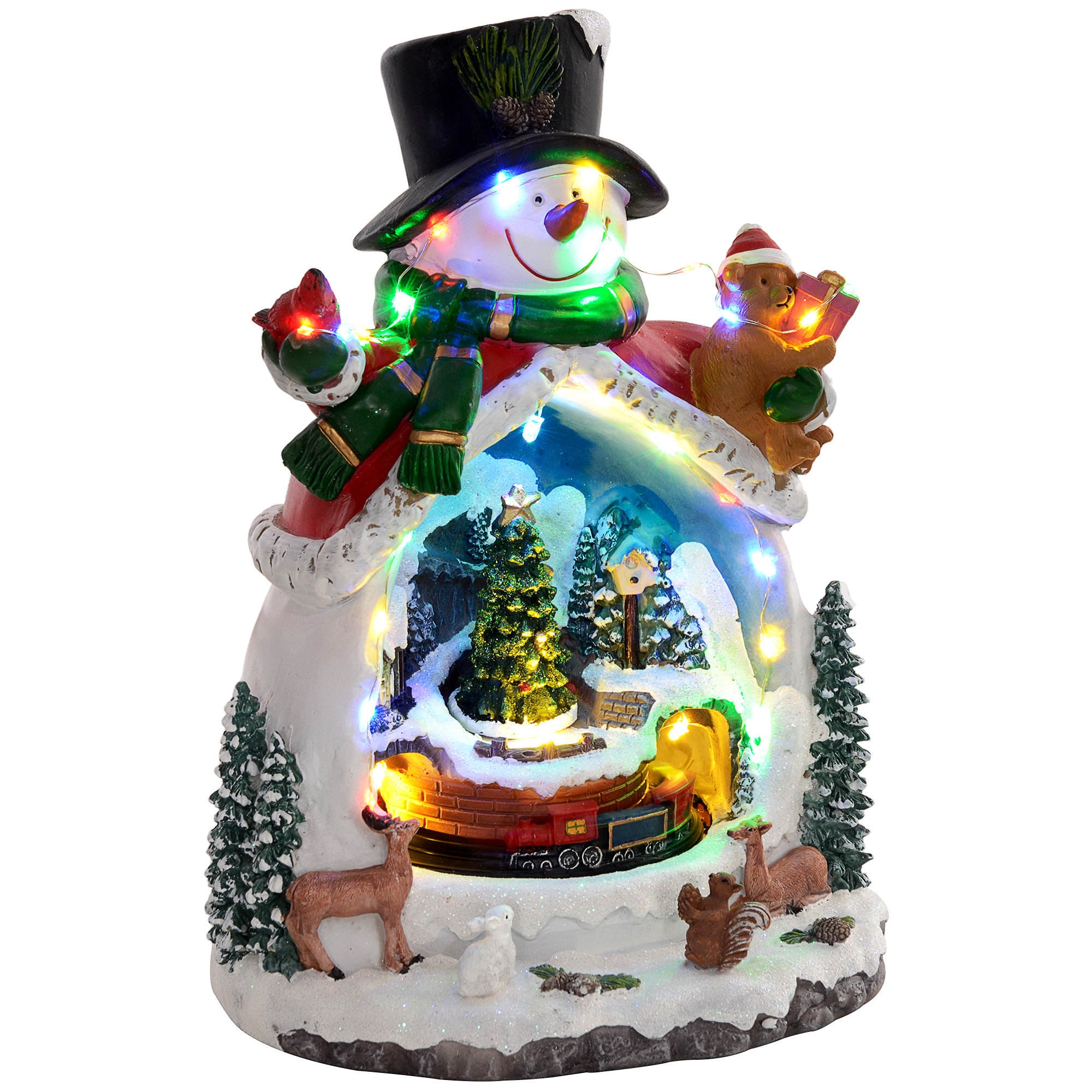 Weihnachtsdorf in Schneemann-Form mit fahrendem Zug, LED-Lichtern und Musik, festliche Tischdekoration, Mehrfarbig