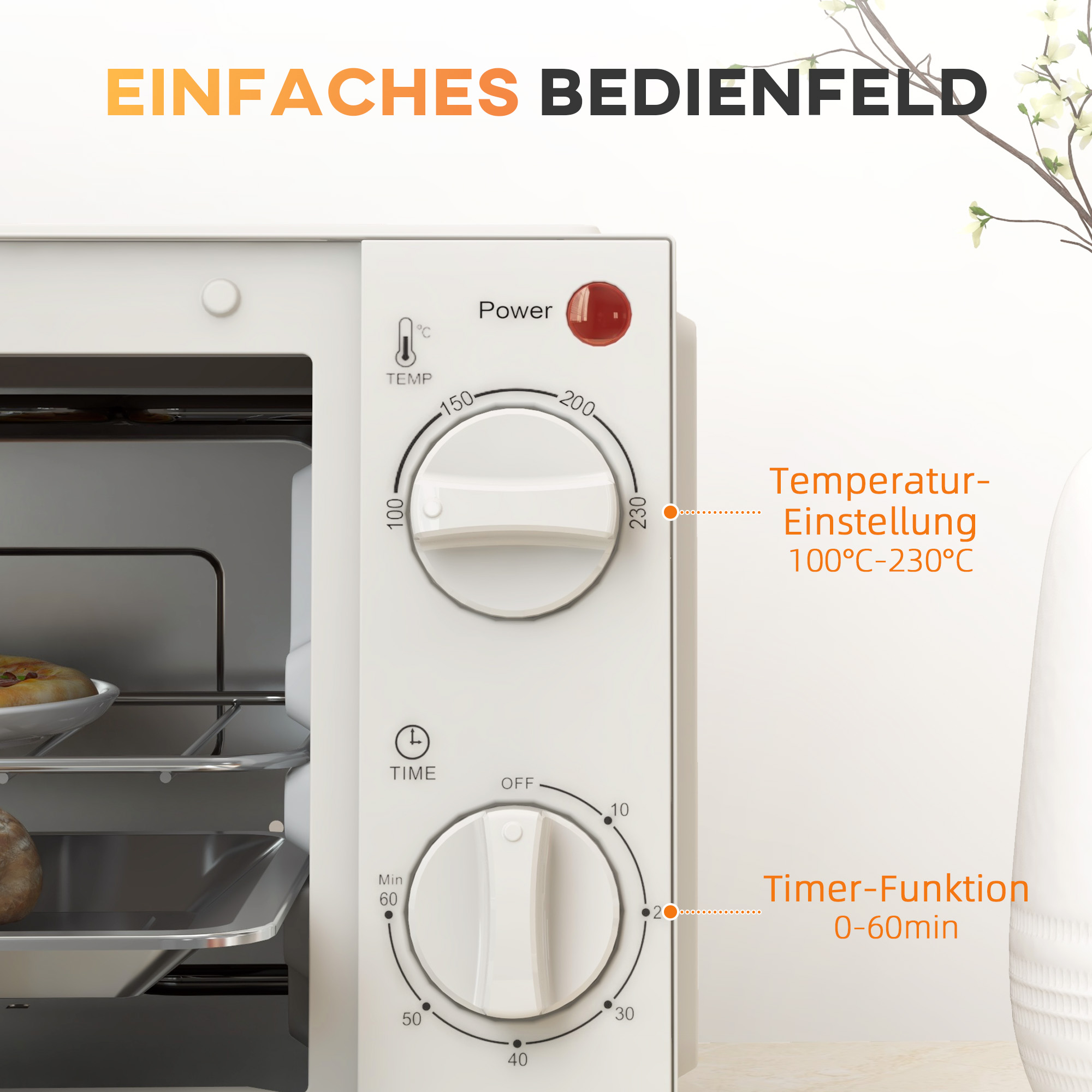 Minibackofen, 9 L Mini-Ofen mit Backblech, Grillrost, mit einstellbarer Temperatur und Garzeit, Edelstahl, Cremeweiß