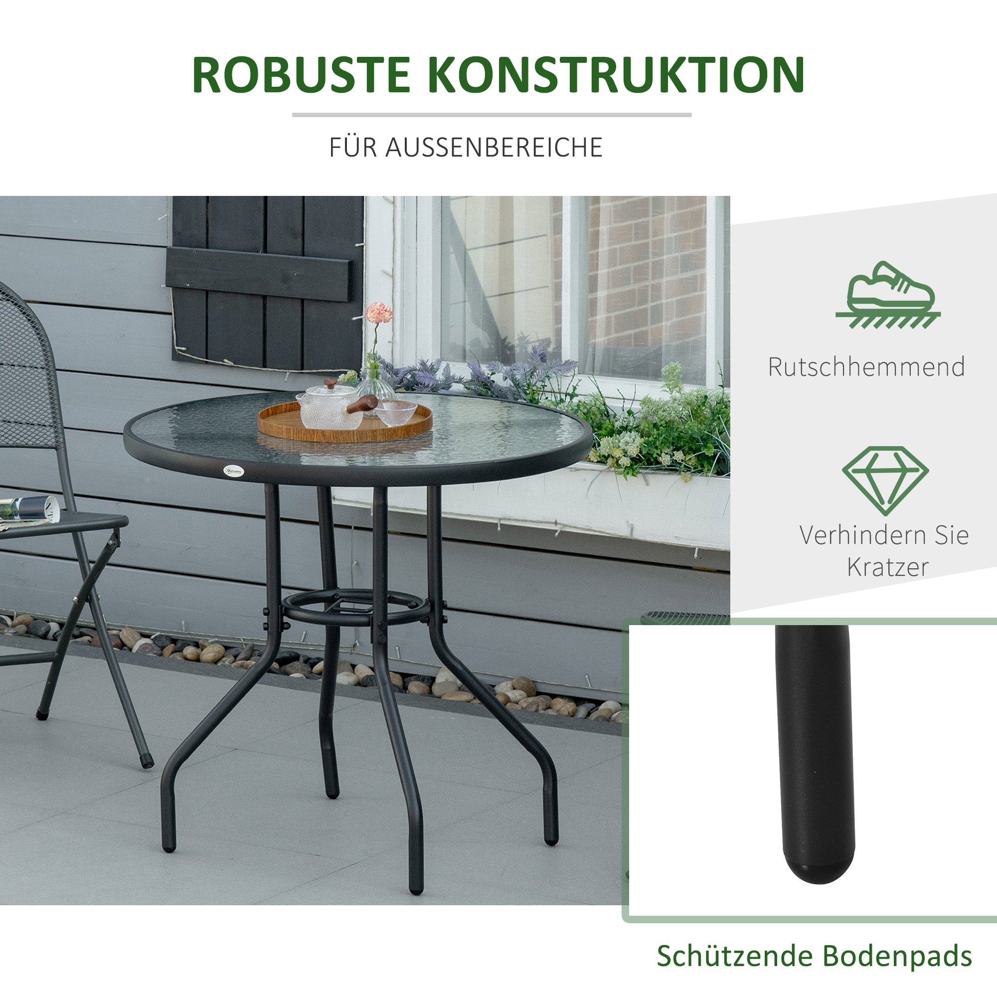 Gartentisch Garten Beistelltisch Gartenmöbel Balkontisch Bistrotisch mit Schirmloch Hartglas + Metall Schwarz Ø80 x 72 cm