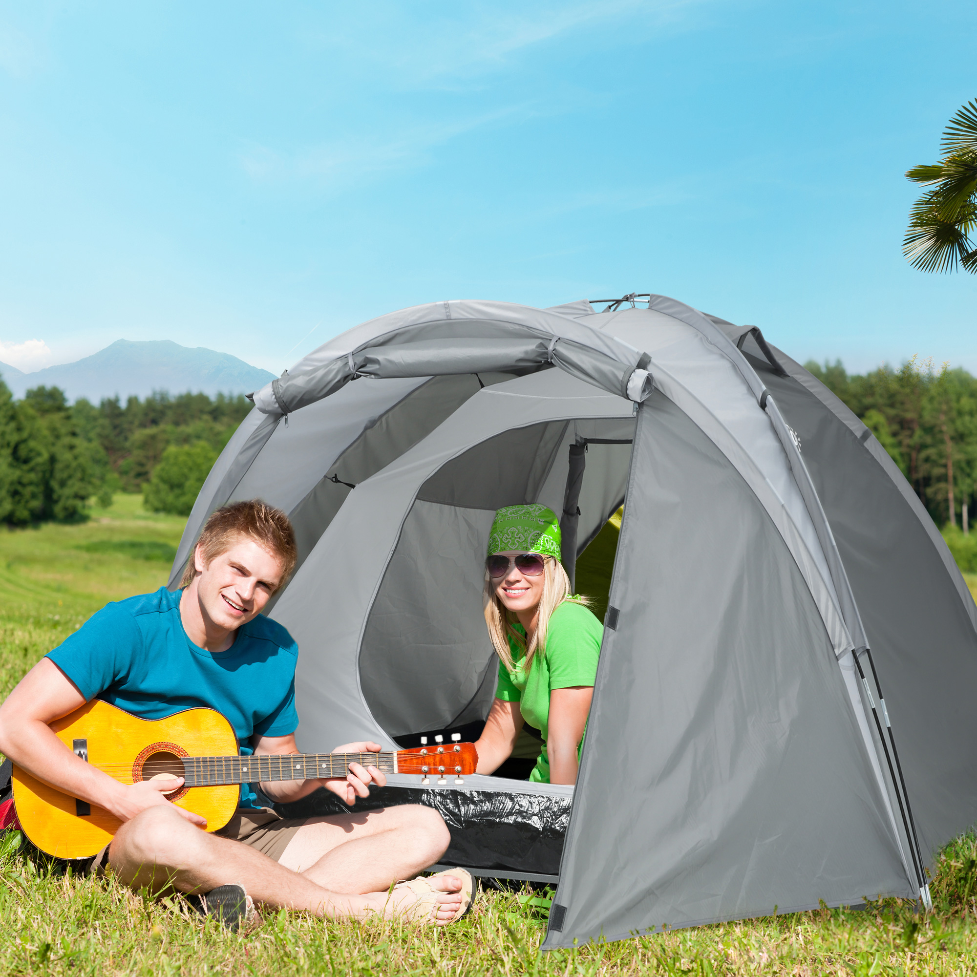 Campingzelt für 2-3 Personen Glasfaser Tür mit Reißverschluss Meshfenster inkl, Transporttasche Kuppelzelt 190T Kunstleder2000mm Glasfaser Grau Campingzelt für 2-3 Personen Glasfaser Tür mit Reißverschluss Meshfenster inkl, Transporttasche Kuppelzelt 190T Kunstleder2000mm Glasfaser Grau