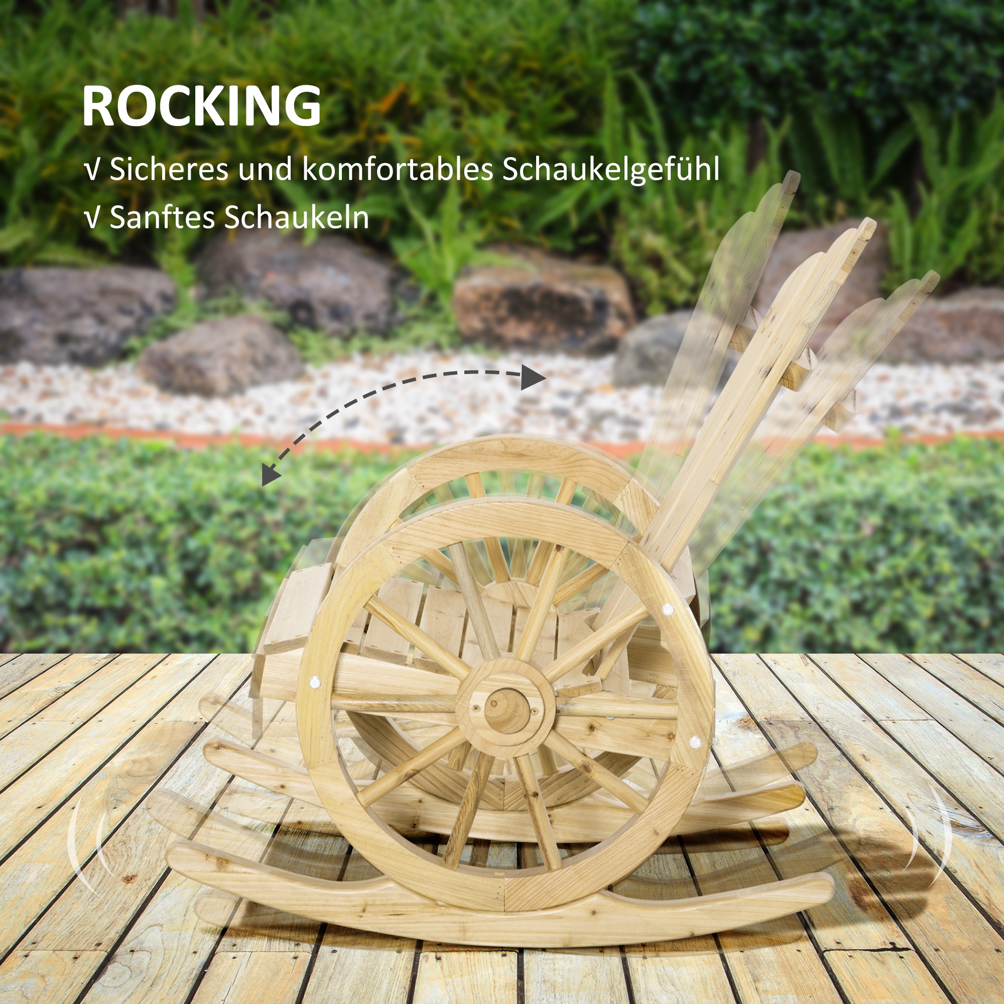 Rustikaler Schaukelstuhl, Gartenstuhl, Wagenrad-Design, wetterfest, Tannenholz, 68 x 88 x 92 cm
