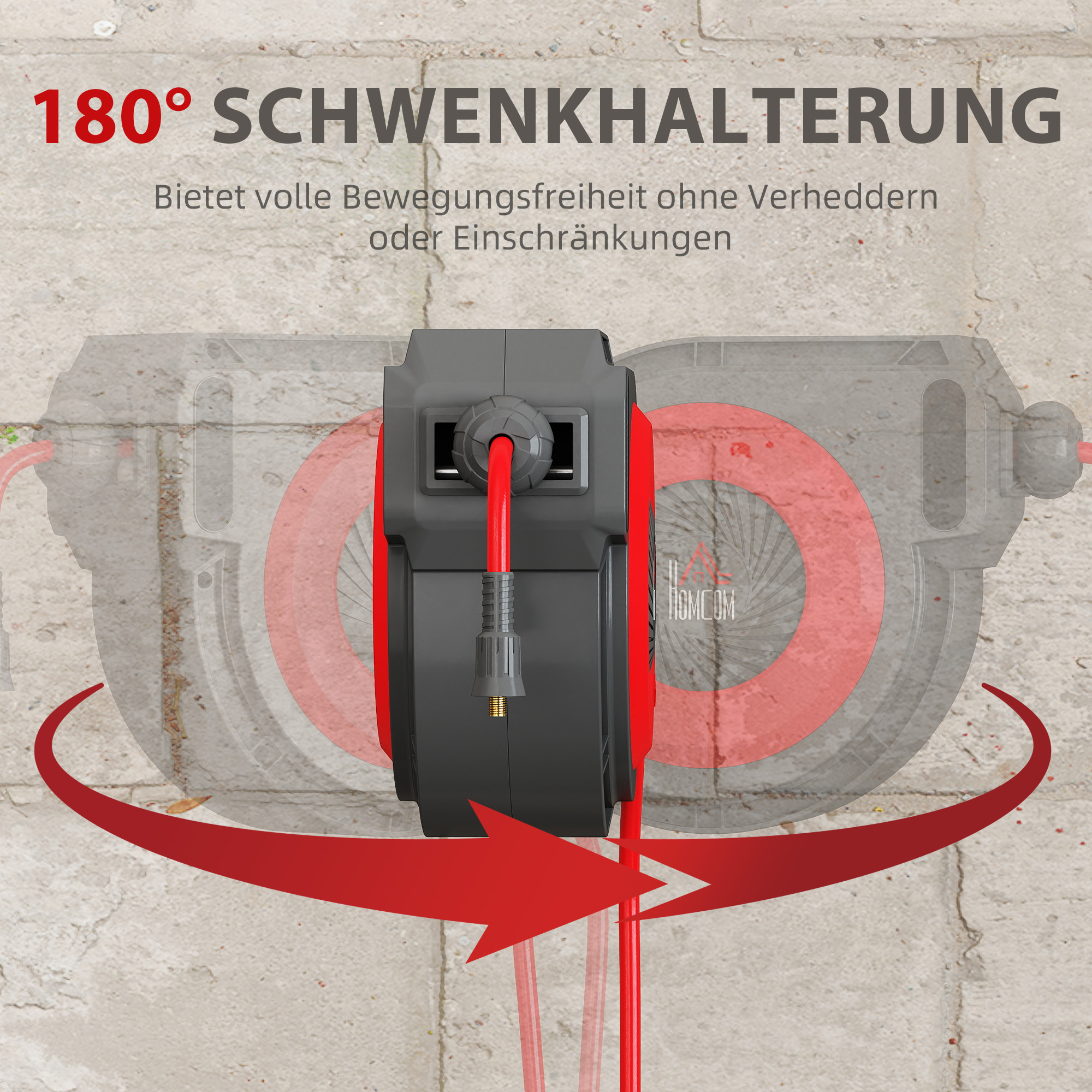 Schlauchtrommel mit Einzugs-Mechanismus, 16,5 m langer Schlauch, Wandmontage, Rot+Schwarz