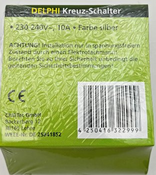 DELPHI Kreuzschalter - 250V~/ 10A, inkl. Rahmen, UP, silber