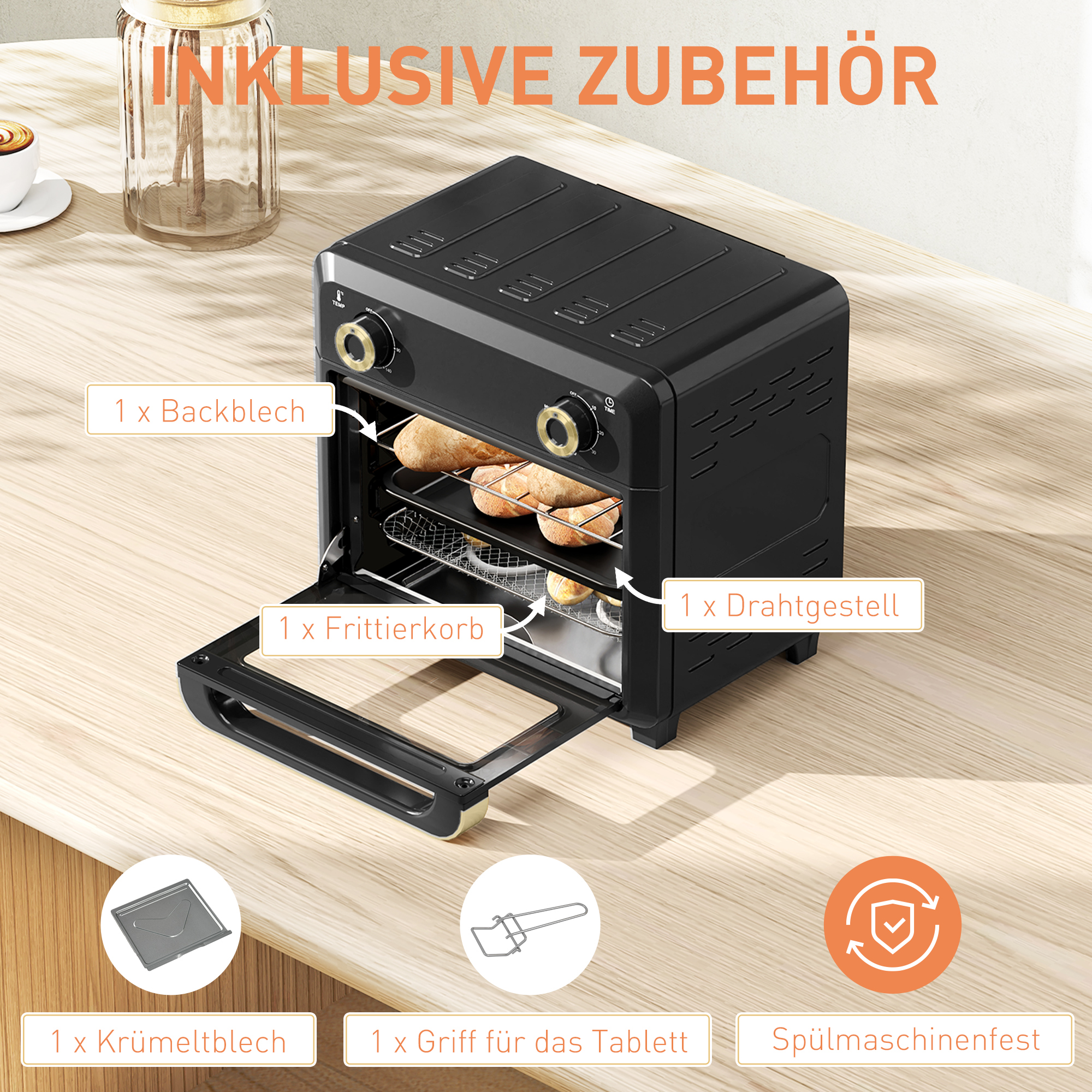 Minibackofen mit Umluft, Heißluftfritteuse, Timer, Innenbeleuchtung, 10L, Schwarz