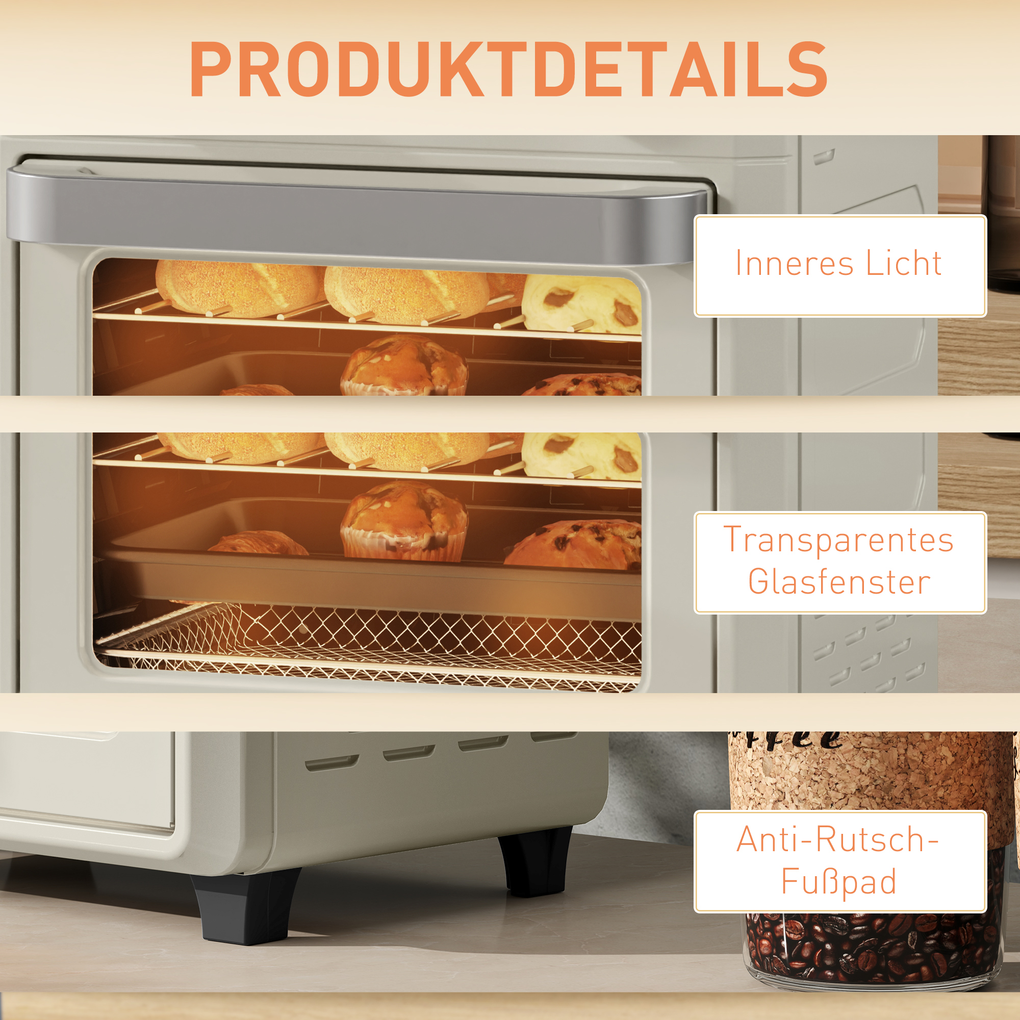 10L Heißluft-Ofen zum Grillen, Backen und Frittieren, Timer, 1000W, Spülmaschinenfest, Cremeweiß