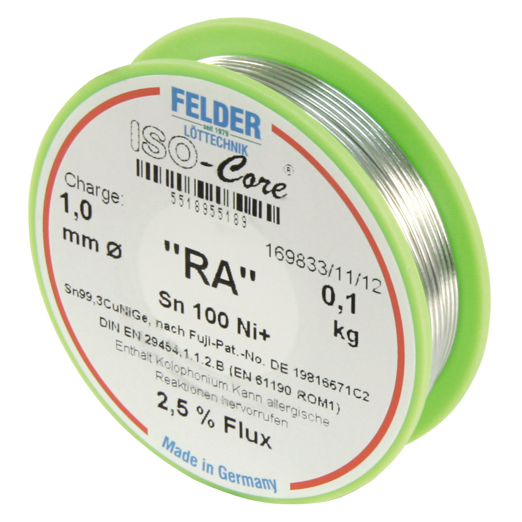 Lötzinn auf Rolle FELDER ISO-Core ''RA'', 1,0mm, 100g, bleifrei (Sn100%Ni+)