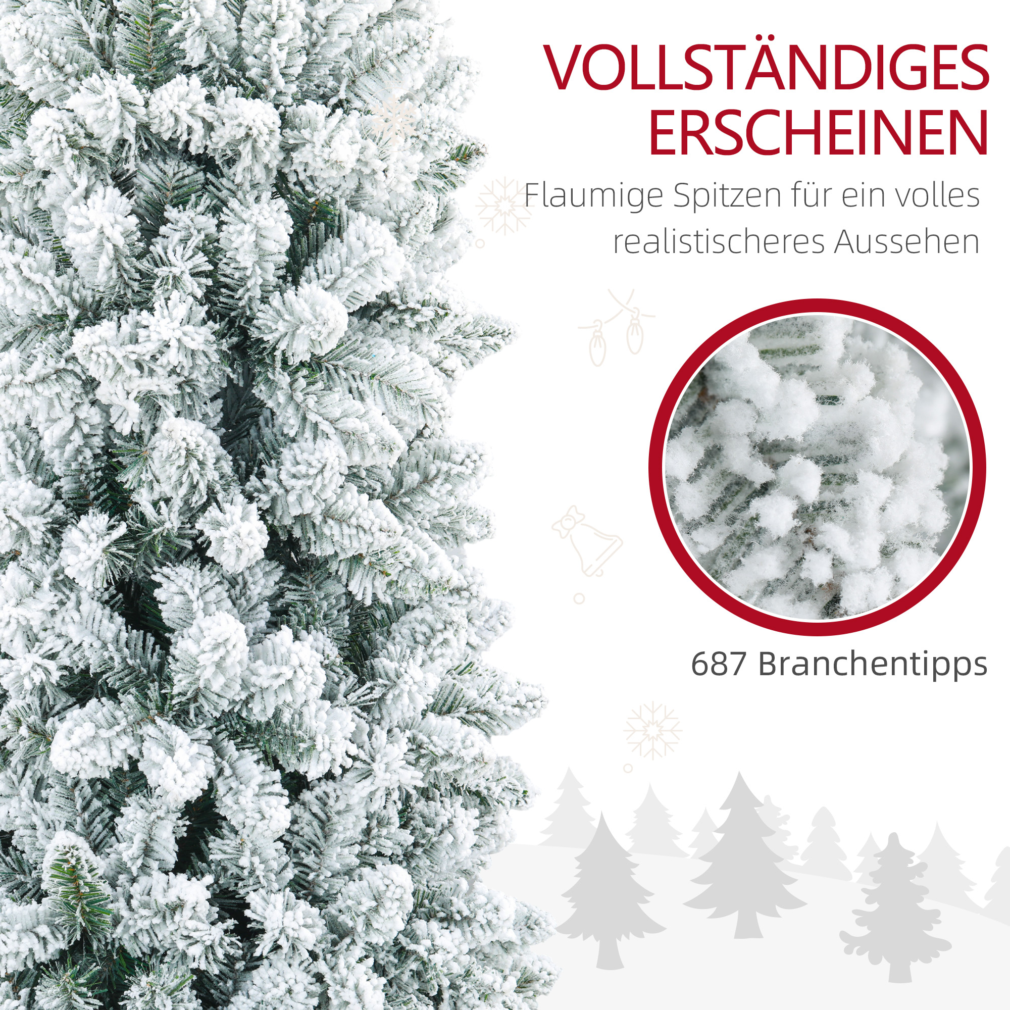 Künstlicher Weihnachtsbaum, flammenhemmend, mit Kunstschnee, schlank, Stahlfuß, 75 x 210 cm, Grün