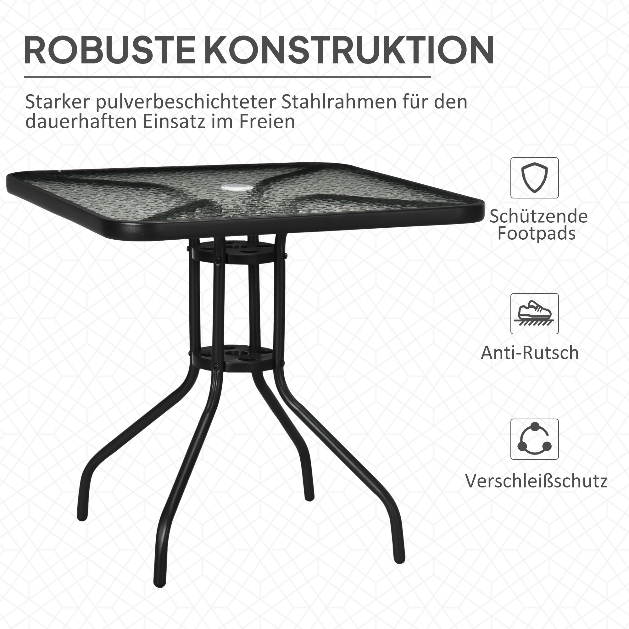 Gartentisch Abnehmbar Metall 76x76 cm Wetterfest Balkontisch mit Schirmloch, rutschfest Schwarz