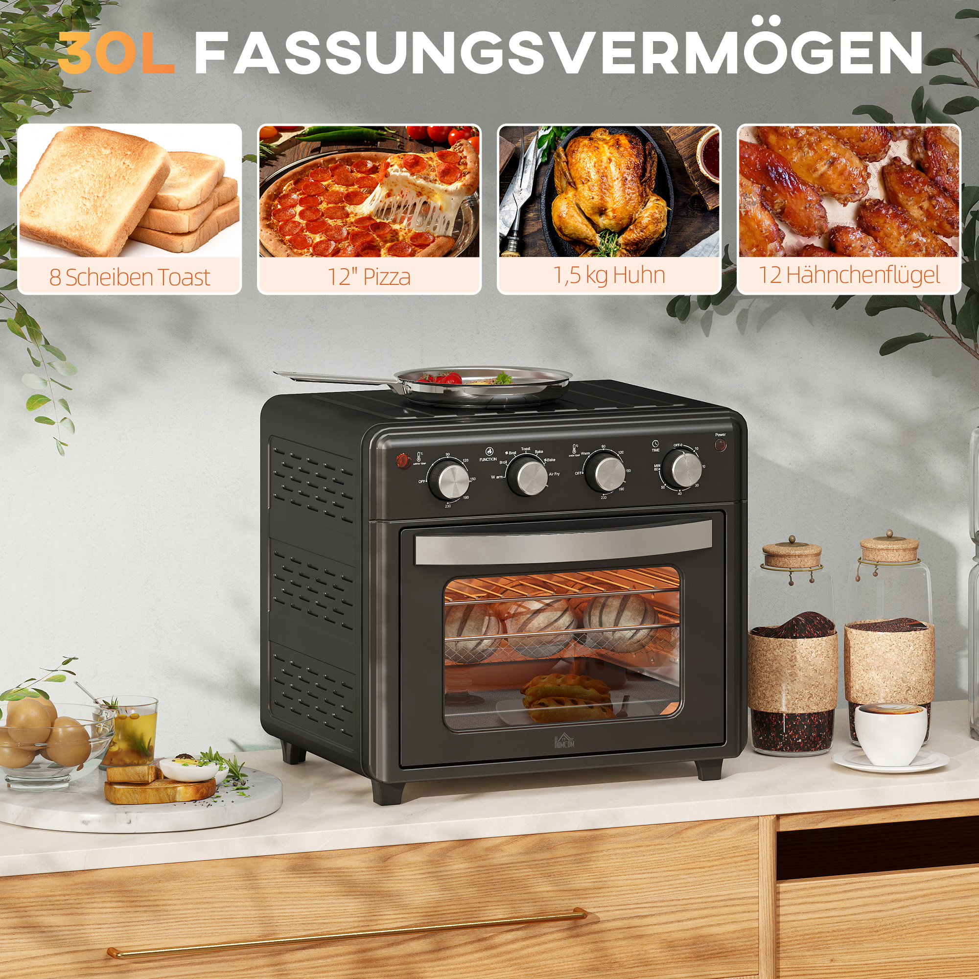 Minibackofen, Heißluftfritteuse, 90-230° C, 7 Programme, Zubehör, Schwarz Minibackofen, Heißluftfritteuse, 90-230° C, 7 Programme, Zubehör, Schwarz