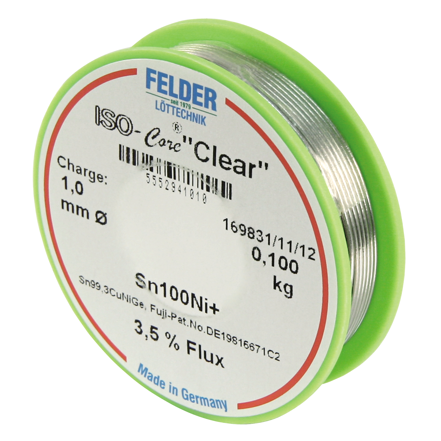 Lötzinn auf Rolle FELDER, ISO-Core ''Clear'', 1,0mm, 100g, bleifrei (Sn100%Ni+)