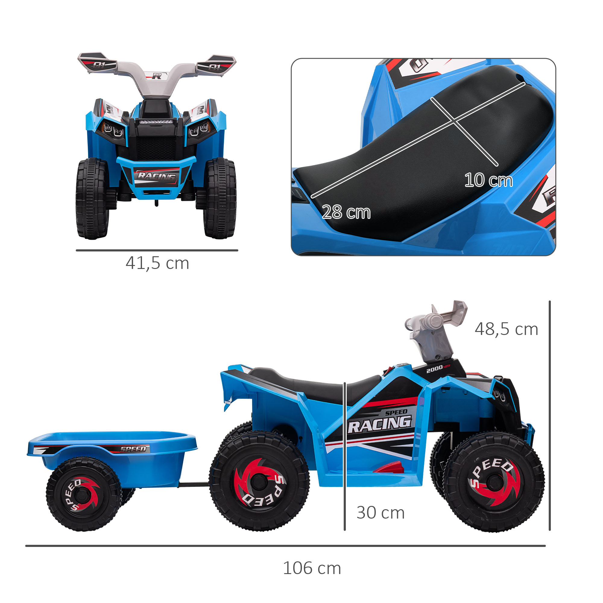 Kinderquad, aufladbar, 2,5 km/h, mit Anhänger, 50 Min, Fahrzeit, für Kinder 1,5 bis 3 Jahre, Blau