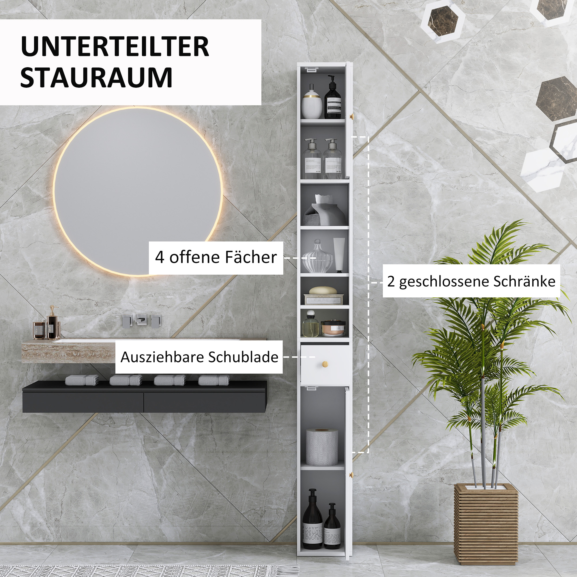 Badezimmerschrank, hoch und schlank, offene und geschlossene Bereiche, Weiß