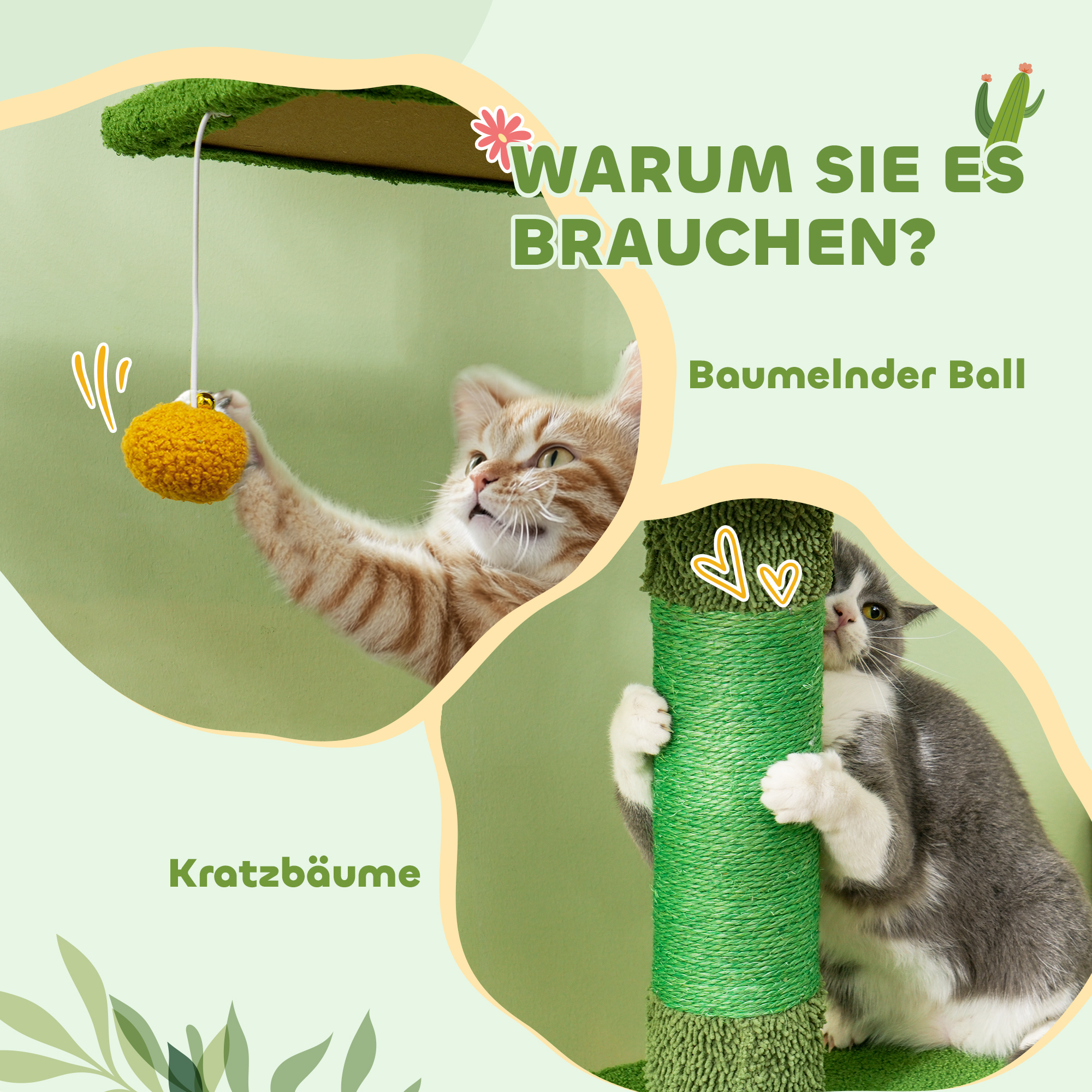 höhenverstellbarer Kratzbaum 230-275 cm, platzsparend, Spielzentrum mit Hängematte, Grün