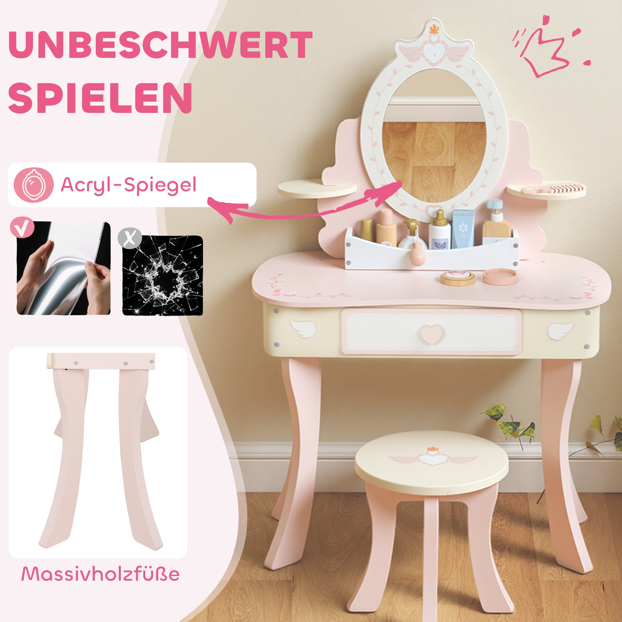 Kinderschminktisch, Stuhl, Schublade, abnehmbarer Spiegel, Kinderschreibtisch mit 7 Zubehörteilen, 2-in-1 Design, MDF, Rosa