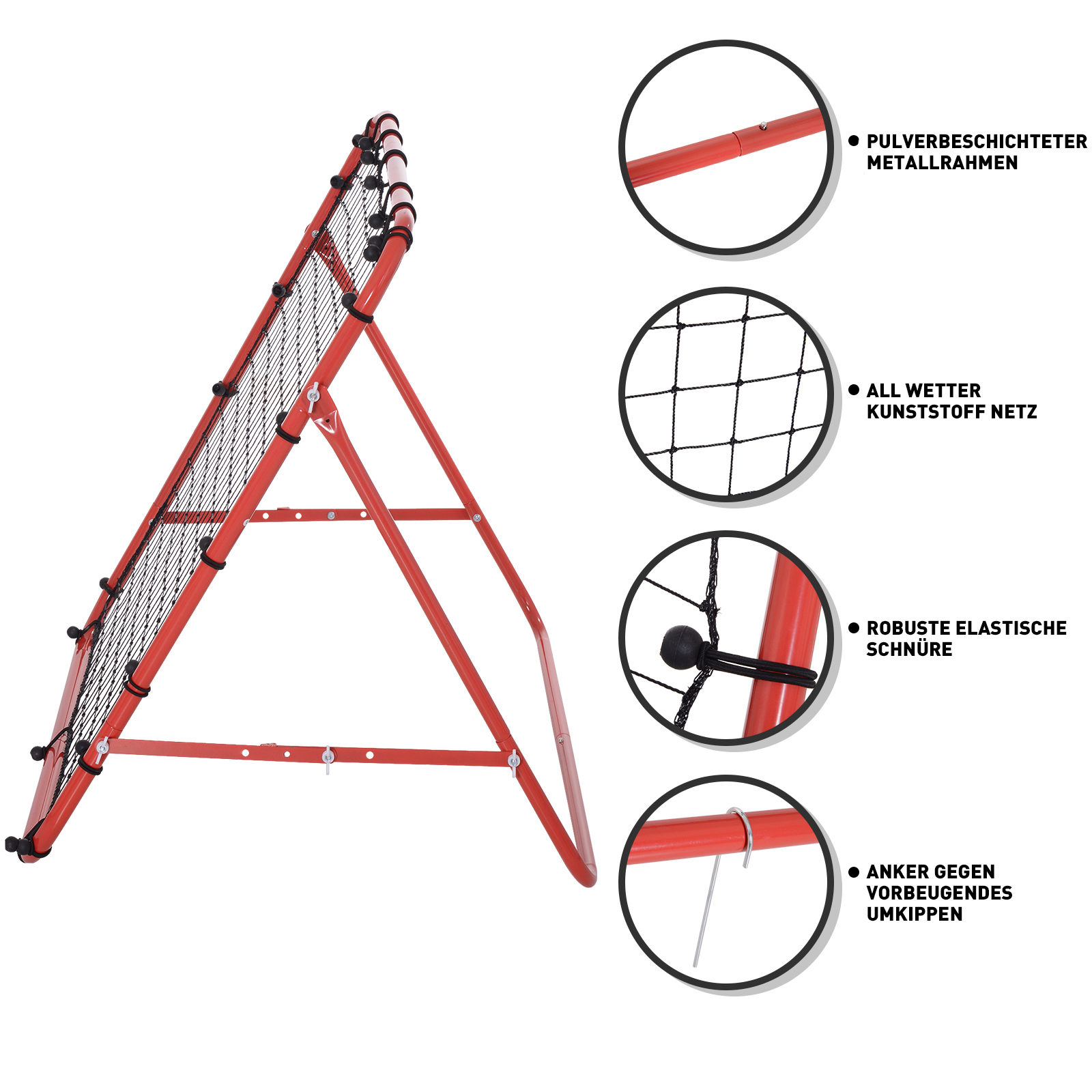 Rebounder für Fußball, 84 x 84 cm Fussball Rebounder mit stufenlos verstellbarem Winkel, Kickback Rückprallwand Fußballtor für Jugendliche Schuss-, Pass- und Ballannahmetraining Rot