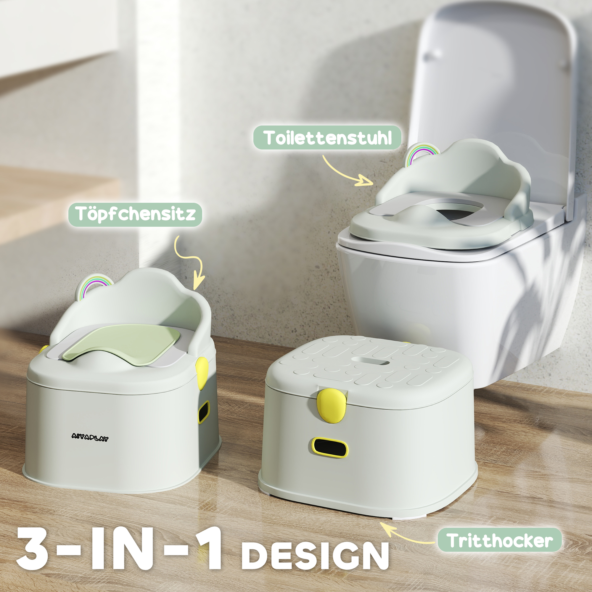 Kinder-Töpfchen, 3-in-1, abnehmbarer Aufsatz, Kunstleder-Sitzpolster, max. 50 kg, Grau