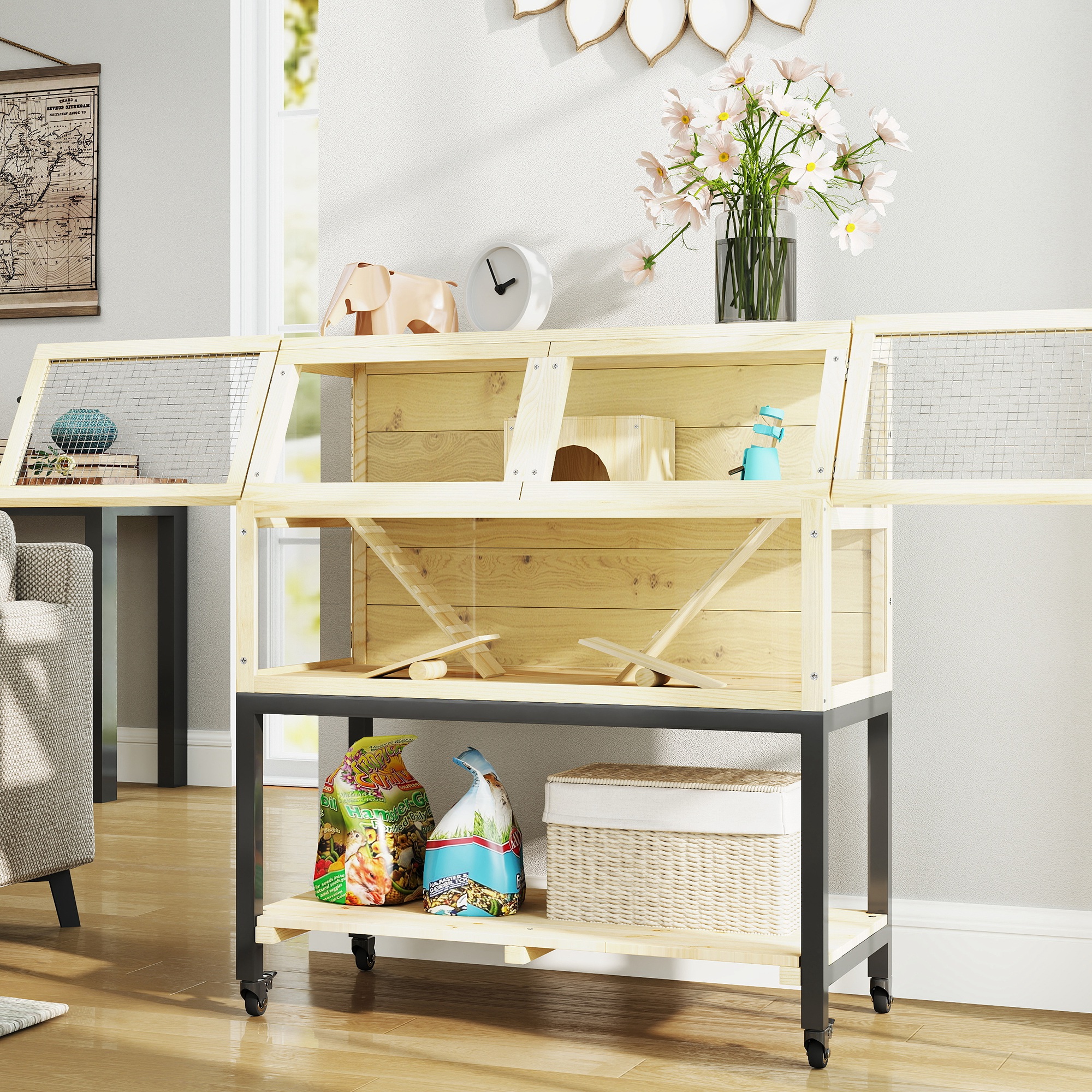 Zwerghamsterkäfig aus Holz mit Ablagefach, Rädern, Rampen, Wasserflasche, Hütte, Wippen, 87 x 43 x 101cm