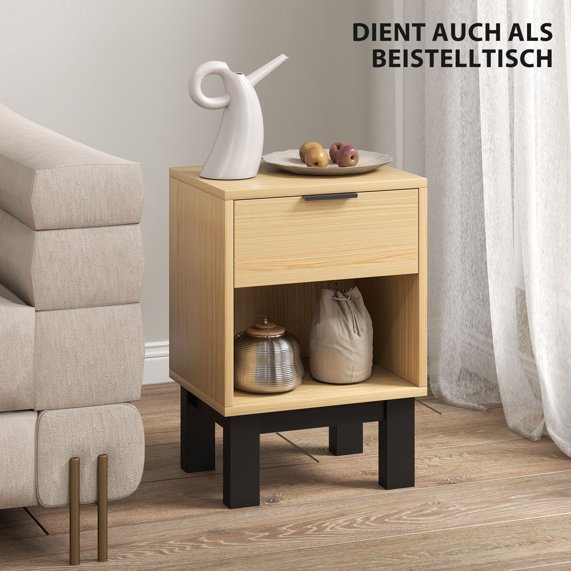 Nachttisch, Nachtschrank mit Schublade, offenes Fach, Nachtkommode für Schlafzimmer, Wohnzimmer, 35 x 26 x 50 cm, Eiche