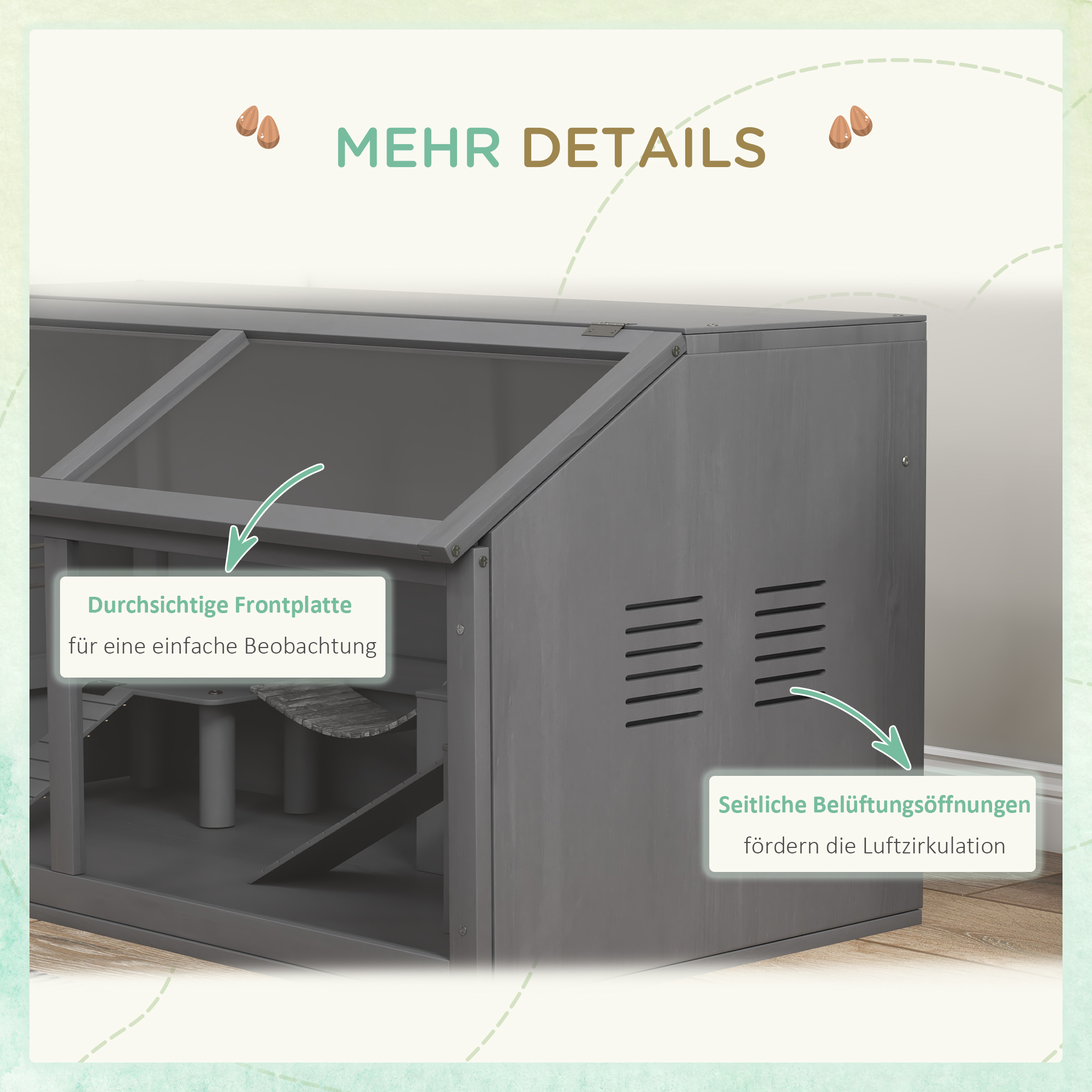 Kleintierkäfig Nagerkäfig, mit Zubehör, Tannenholz,100 cm x 52 cm x 50 cm, Grau