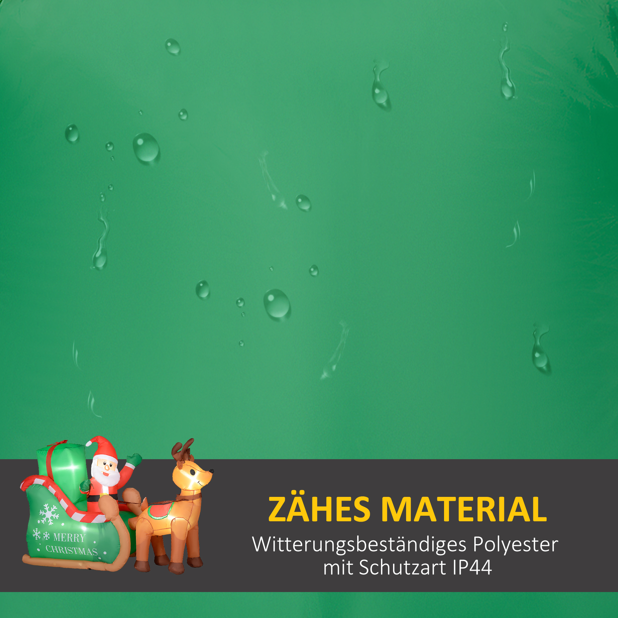 Weihnachtsmann mit Schlitten & Rentier, aufblasbar, weiße LED-Beleuchtung, 210 x 80 x 140 cm