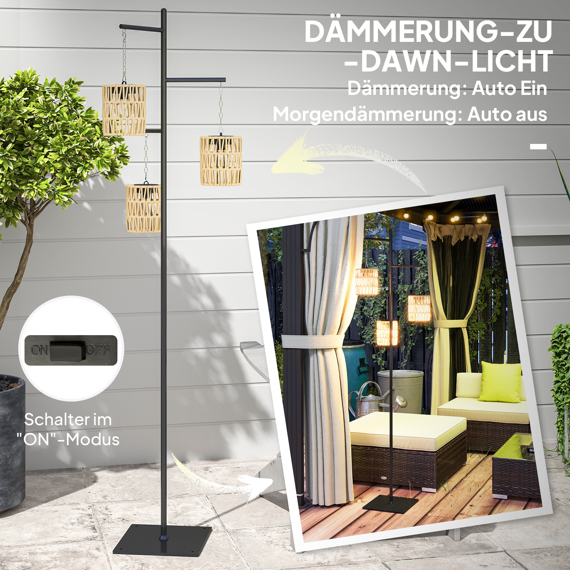 Solar Stehlampe Rattan Solarlampen mit Lichtsensor 3 Lichten Automatisch im Boho-Stil IP44 Spritzwassergeschützt