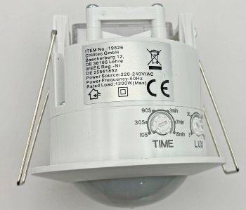 Decken-Einbau-Bewegungsmelder 360° - PIR, LED geeignet, 6m Detektion, weiß
