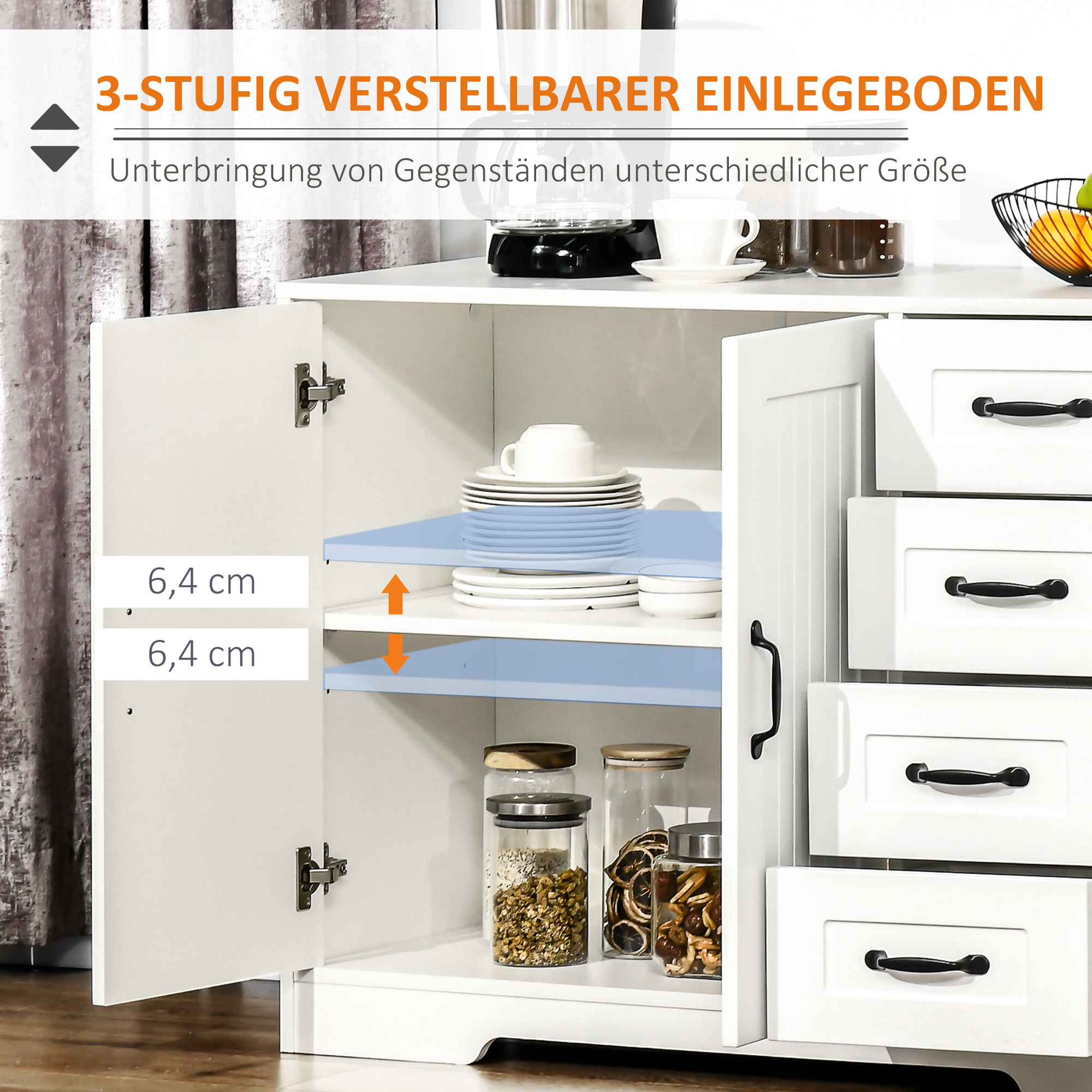 Sideboard Kommode Anrichte, Modernstil, 4 Schubladen, 1 Schrank, 105 cm x 40 cm x 76 cm, Weiß