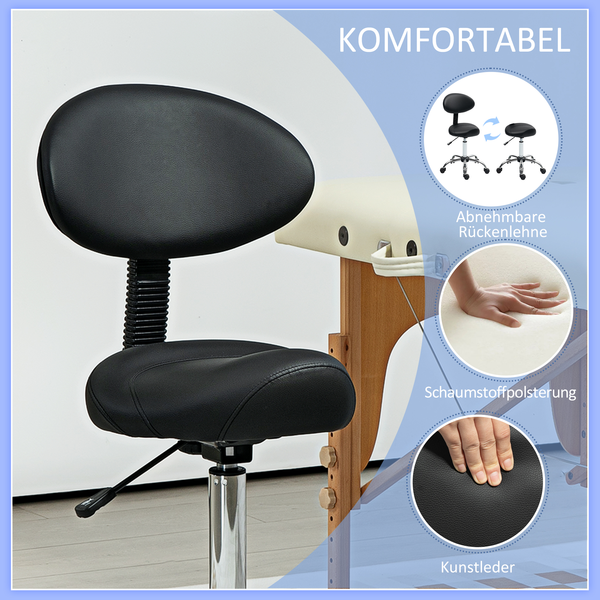 Rollhocker höhenverstellbar mit Rückenlehne Drehhocker 83-98 cm Arbeitshocker 360° drehbar für Büro Salon