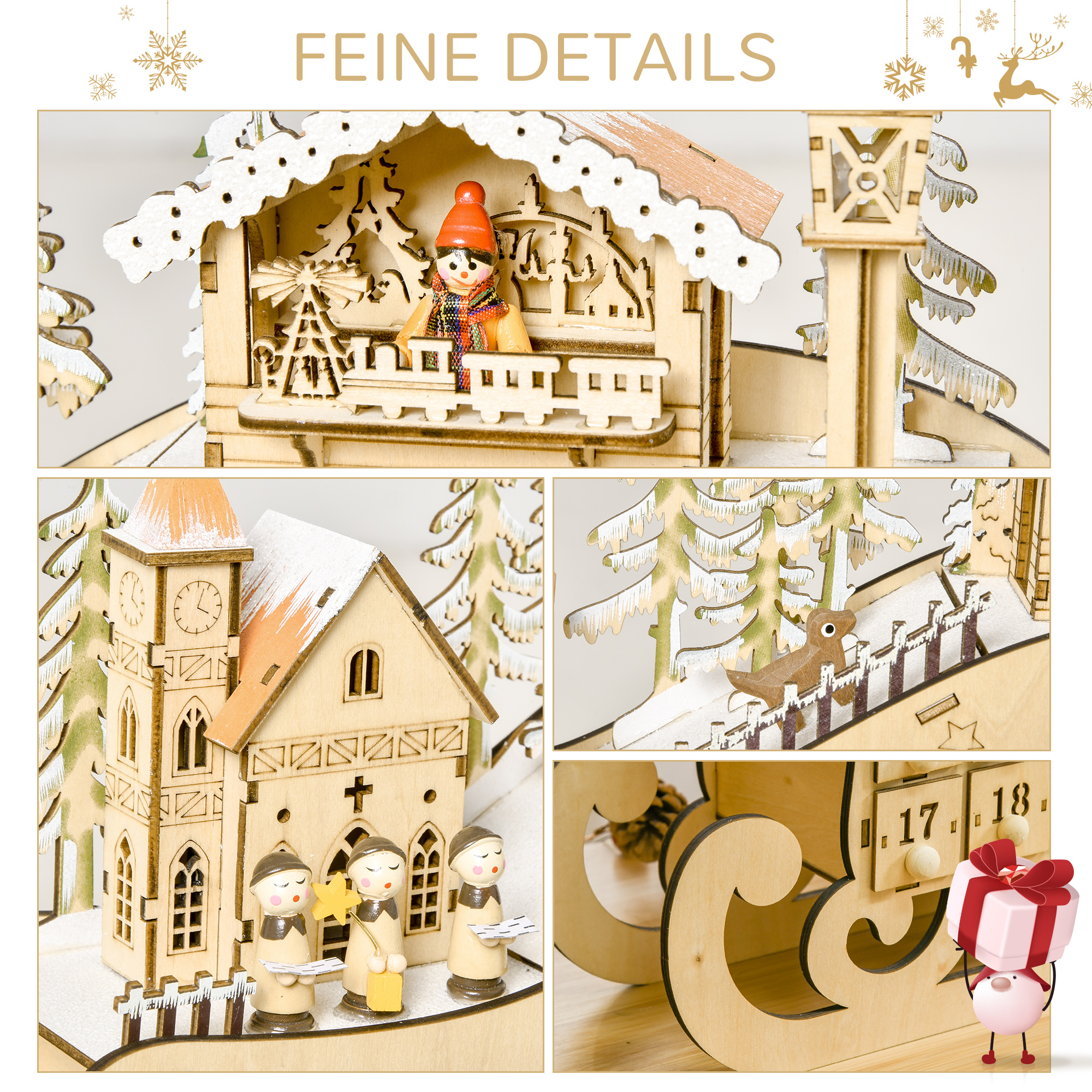 Adventskalender zum Befüllen 24 Schubladen Fächer Weihnachtskalender mit LED-Lichtern Schlitten-Form Adventskalenderbox Weihnachtsdekoration DIY Sperrholz-Platte Naturholz 45 x 10 x 31 cm
