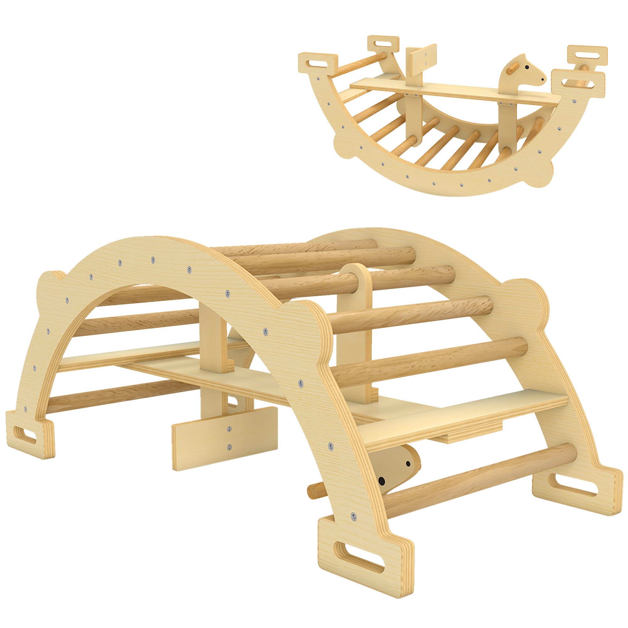 Montessori Klettergerüst Indoor, 2 in 1 Kletterbogen aus Holz, für Kinder 2-4 Jahre, 110x52x45 cm, Naturholz