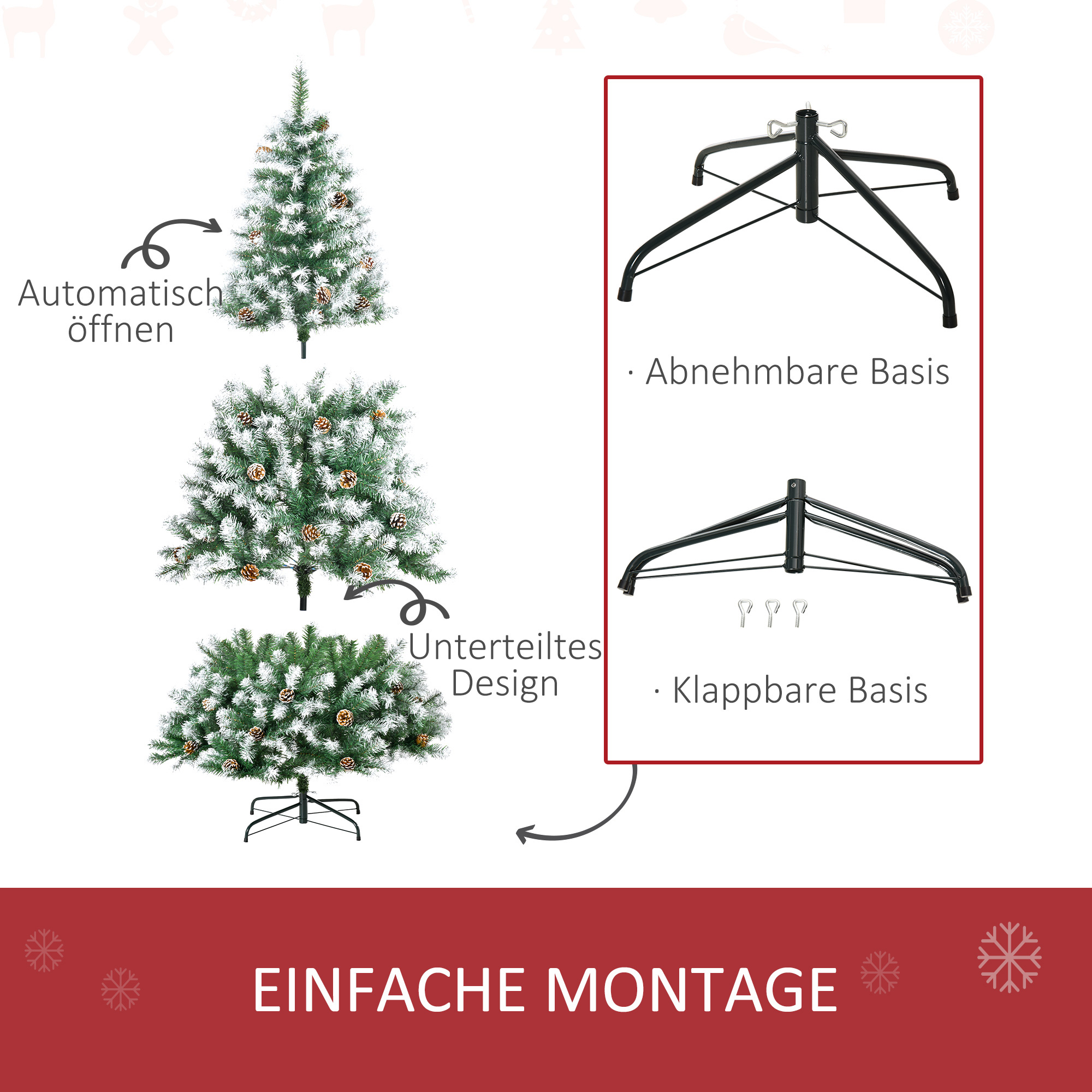 Künstlicher Weihnachtsbaum, 800 Zweige, 61 Zapfen, verschneite Spitzen, feuerfest, 180 cm
